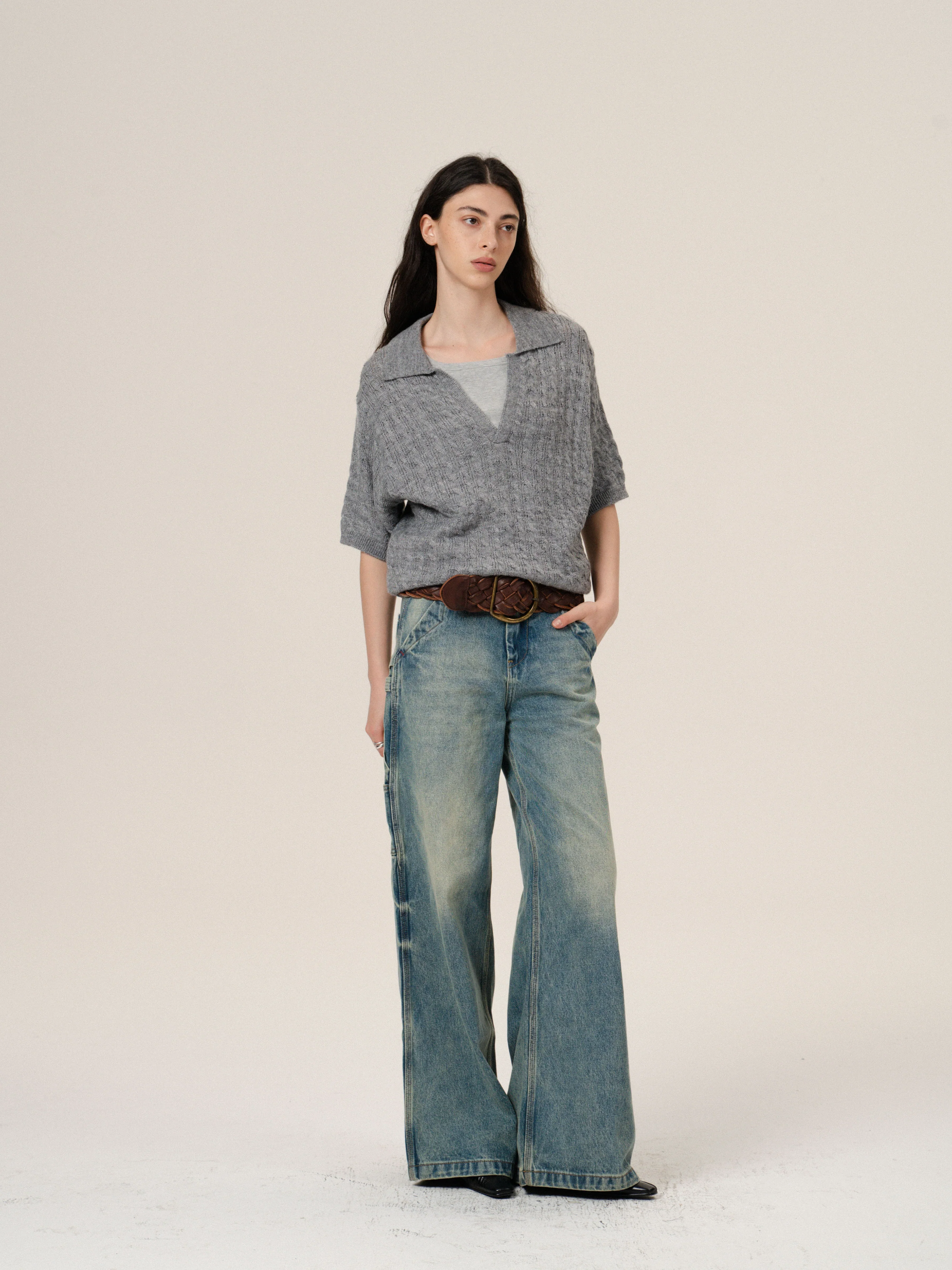 V-Neck Cable Knit Polo Sweater - Image 6