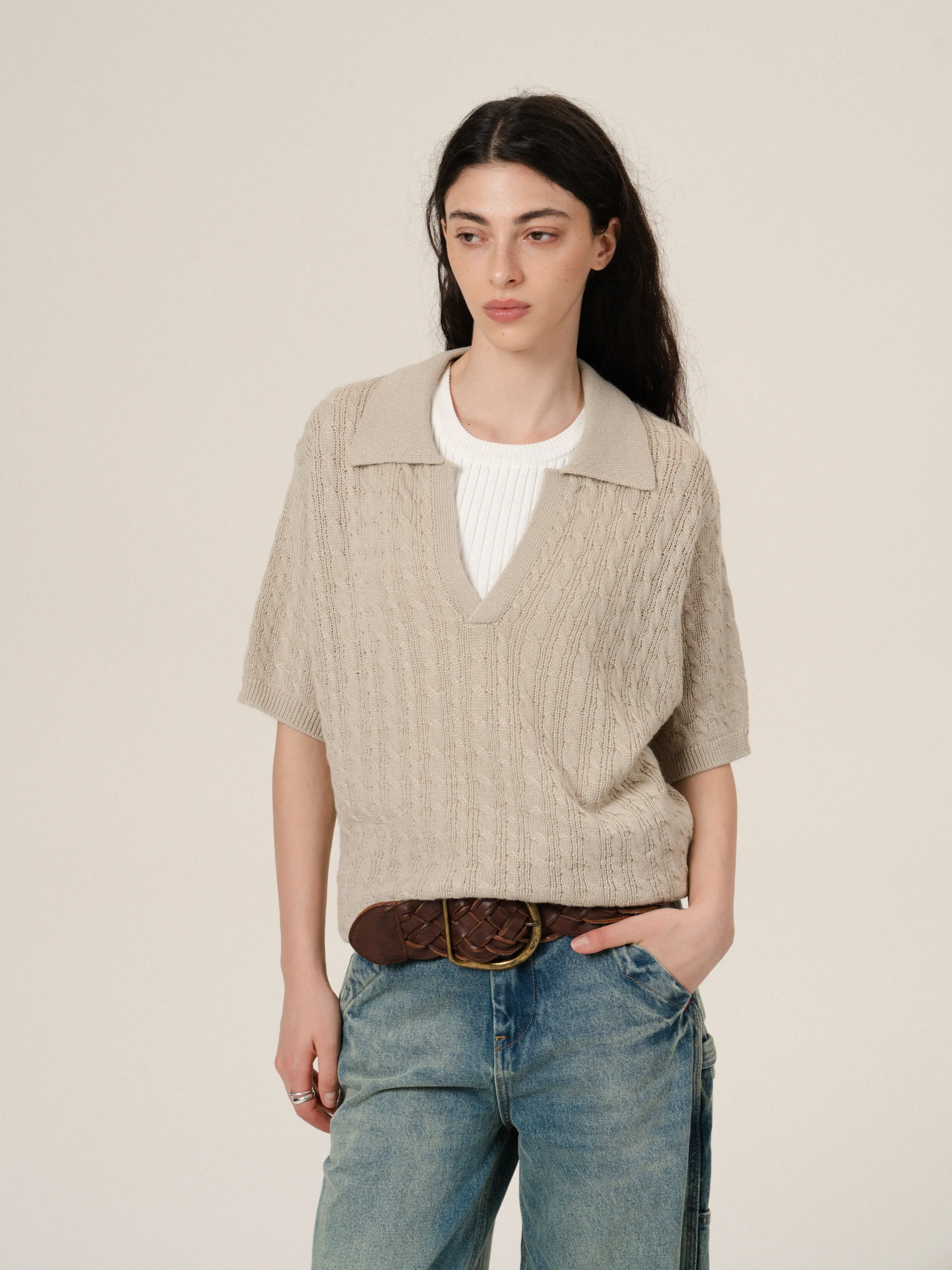 V-Neck Cable Knit Polo Sweater - Image 7