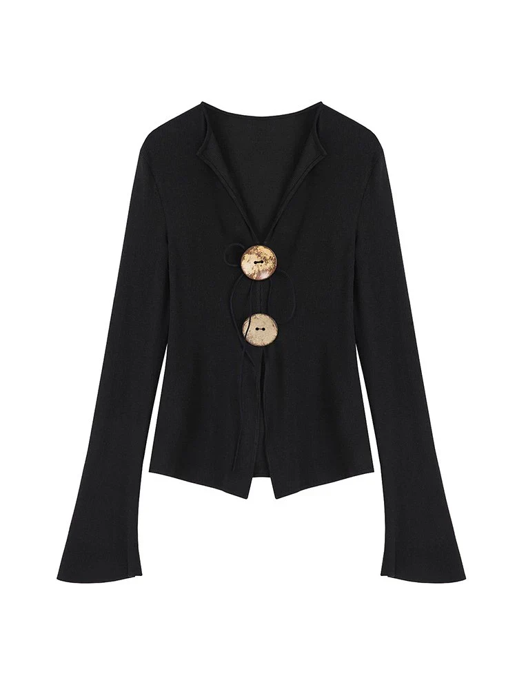 V-Neck Coconut-Button Knit Top - Image 4