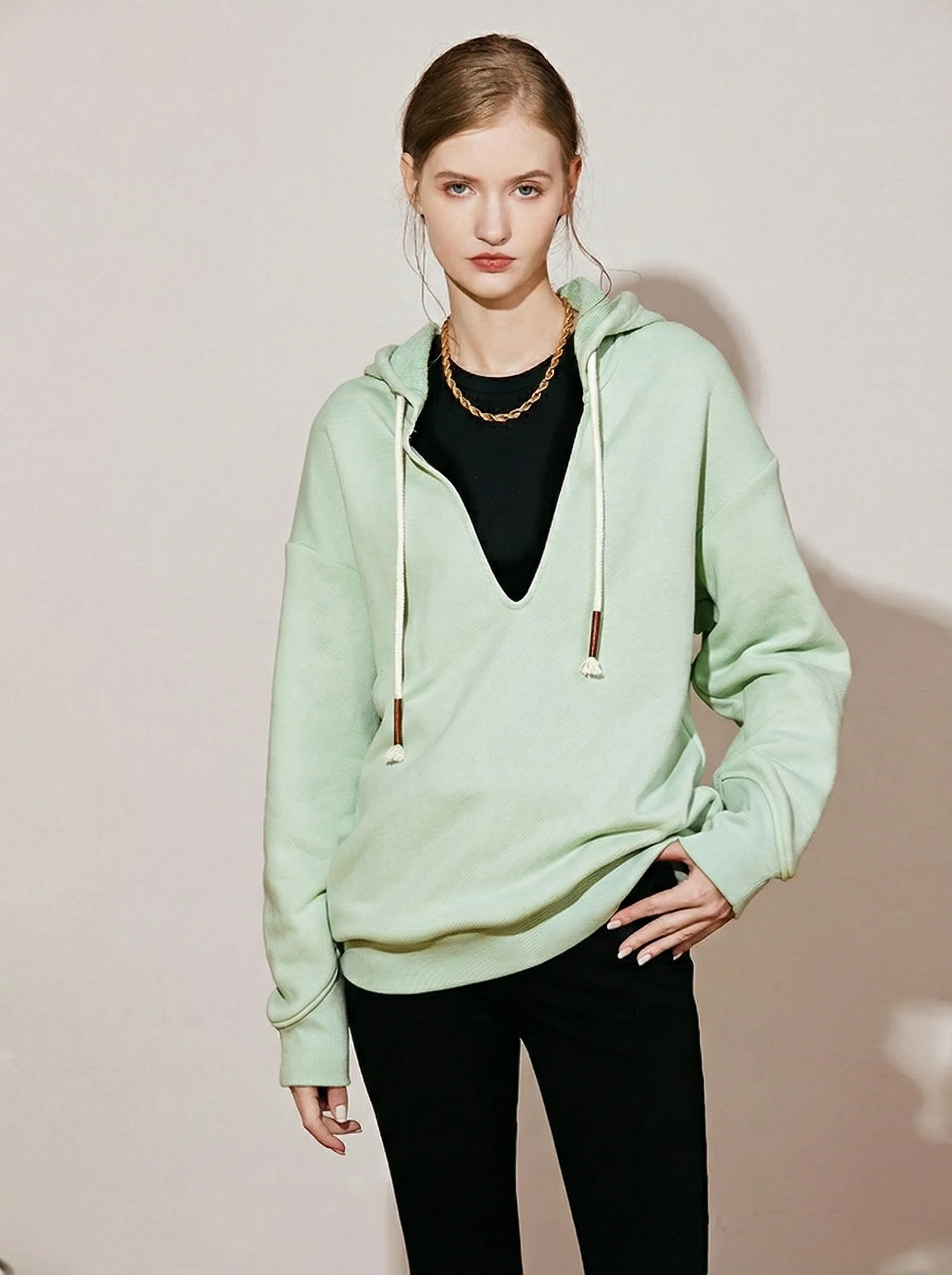 V-Neck Combed Cotton Hoodie - Image 2