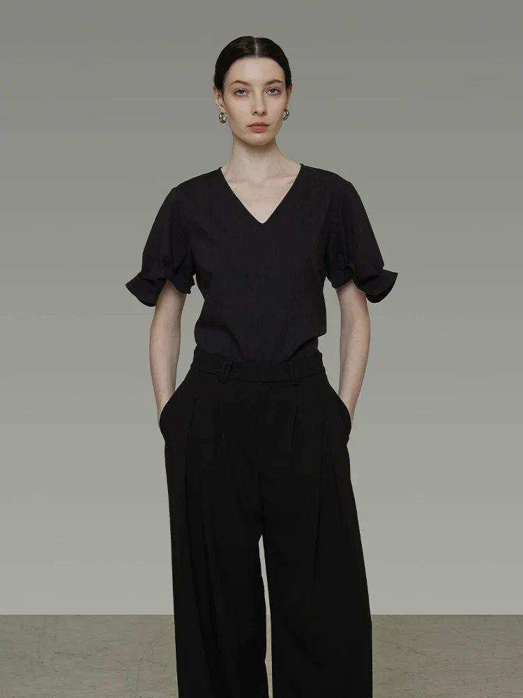 V-Neck Pleated Sleeve Blouse