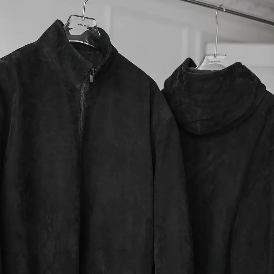 Velvet Nubuck Stand Collar Hooded Jacket - Image 3