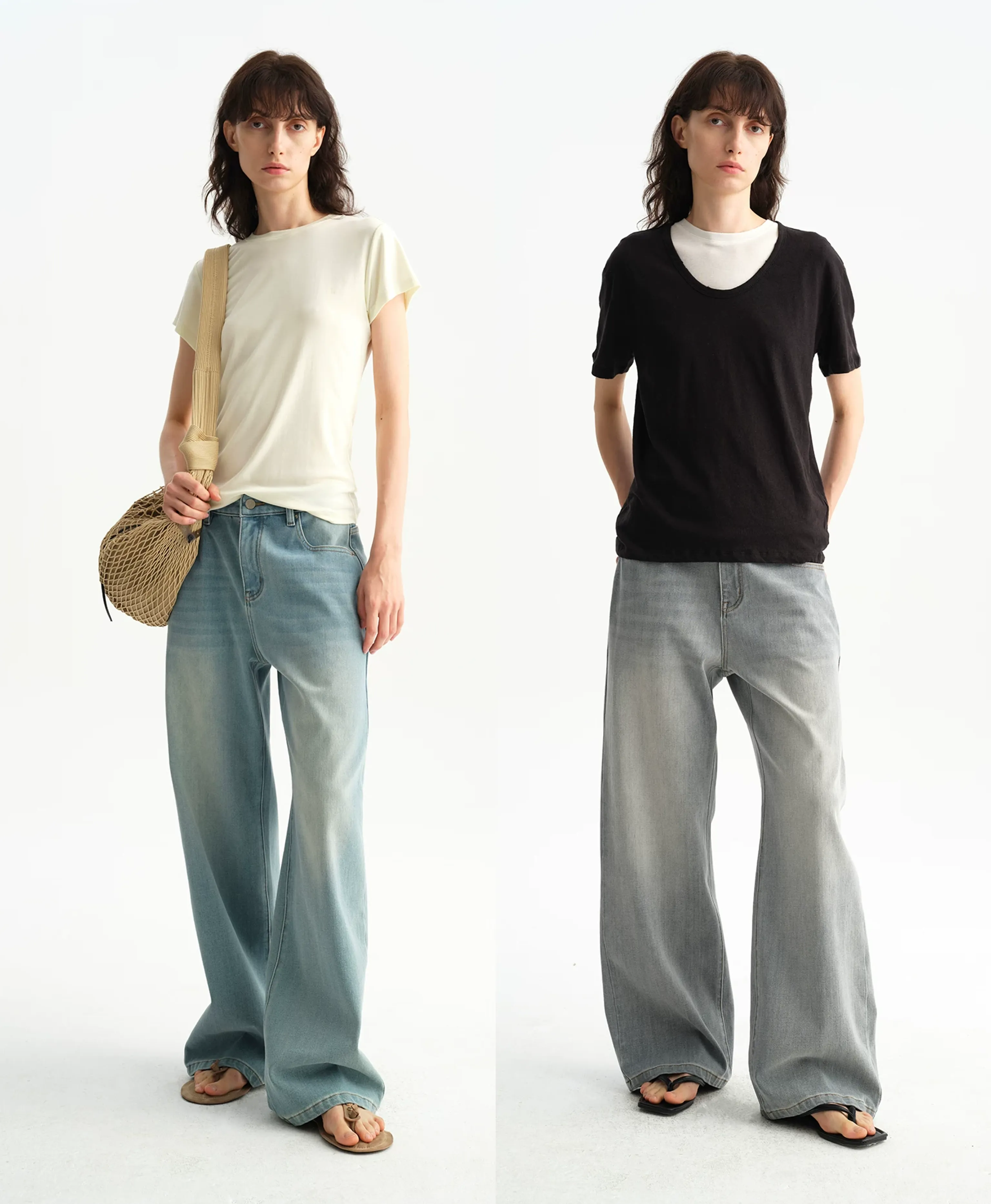 Vintage Wash Blue-Grey Wide-Leg Jeans