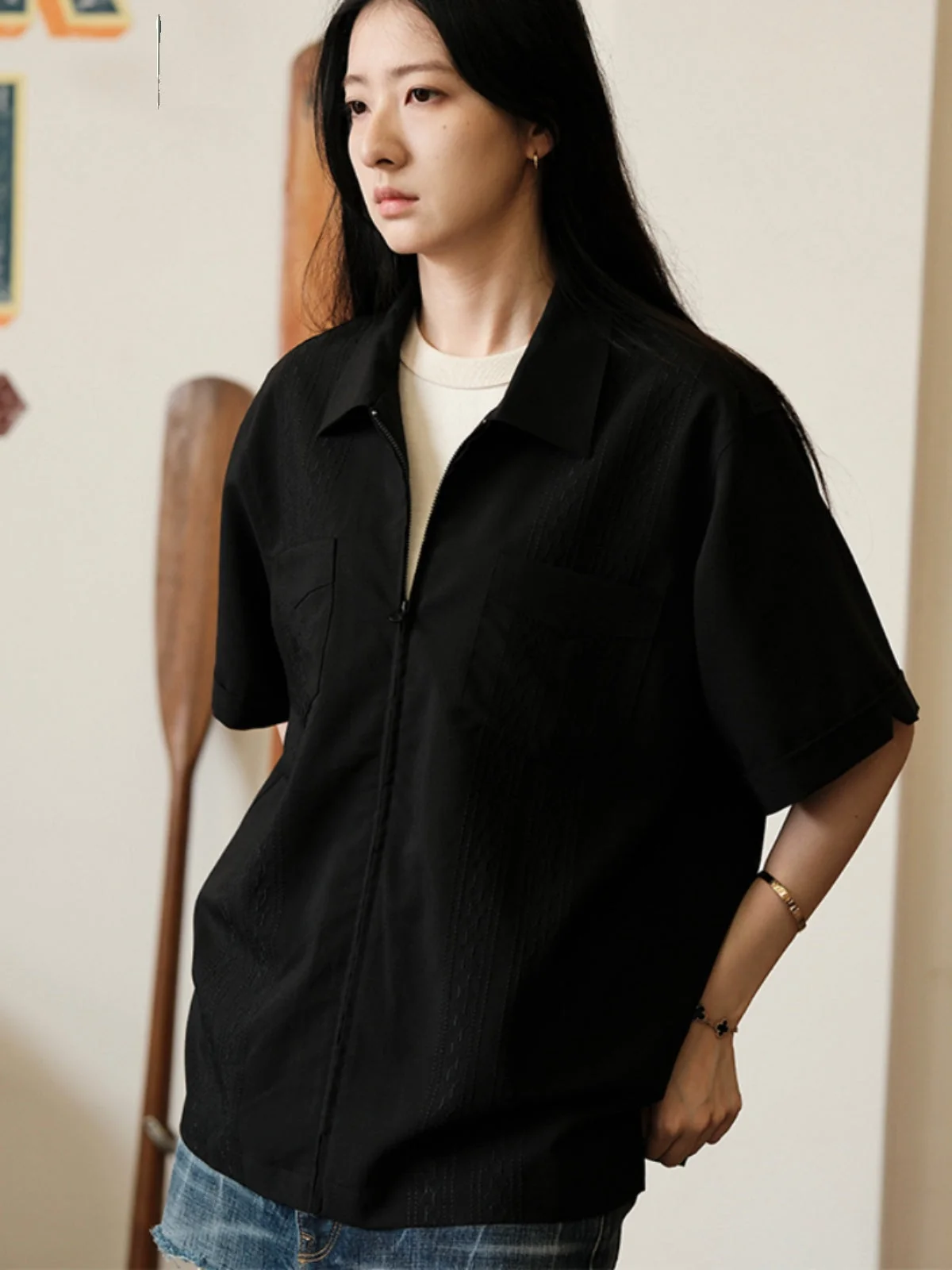Vintage Zipper Cuban Collar Shirt
