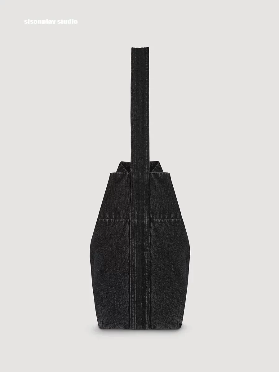 Washed Black Denim Drawstring Shoulder Bag