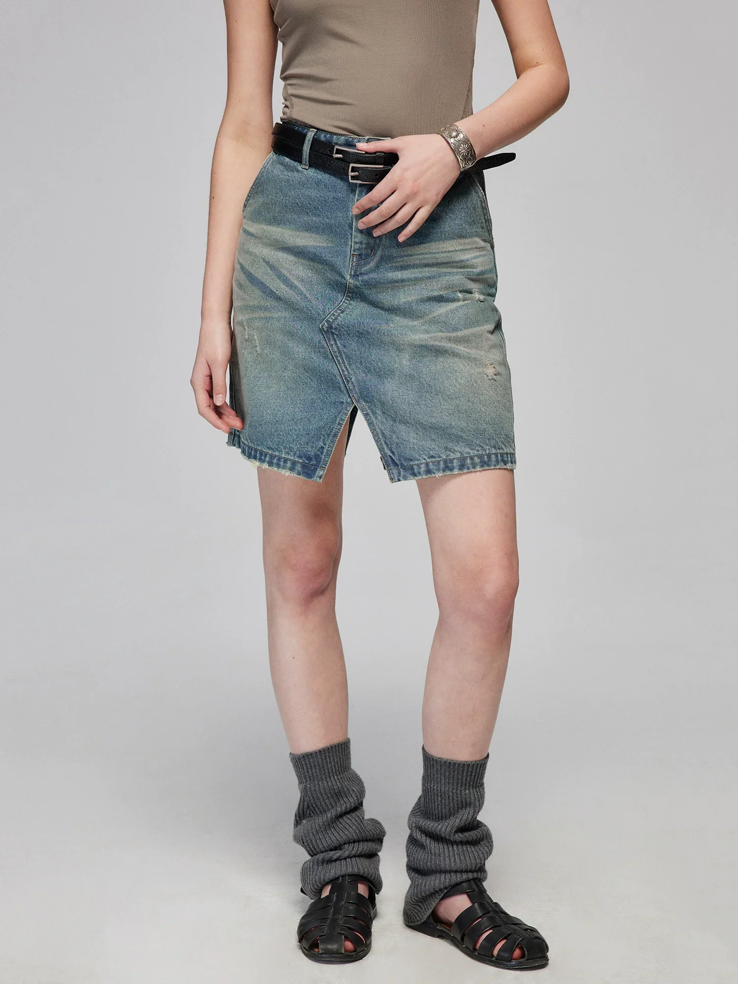Washed Blue Distressed A-Line Denim Mini Skirt