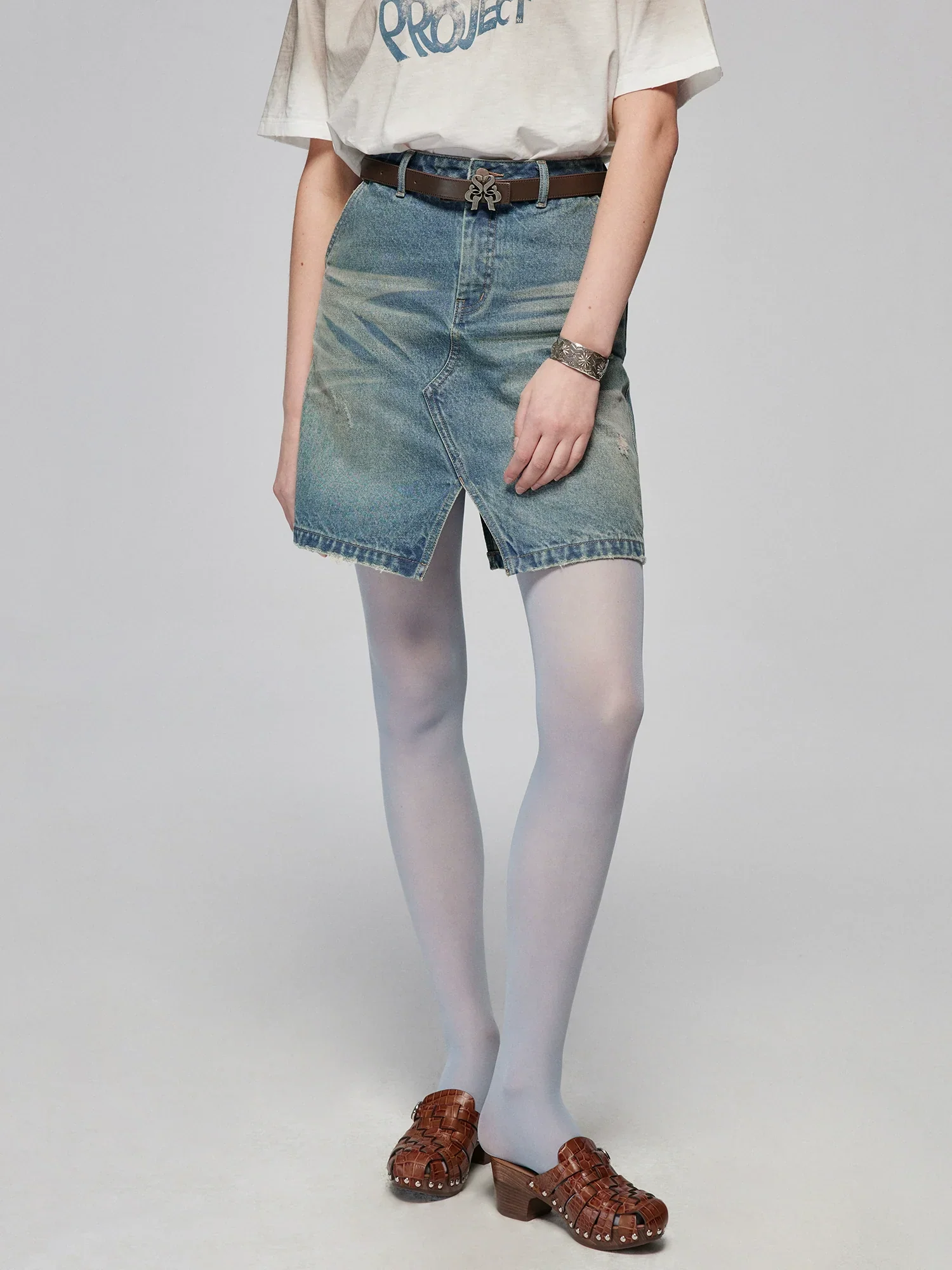 Washed Blue Distressed A-Line Denim Mini Skirt - Image 4
