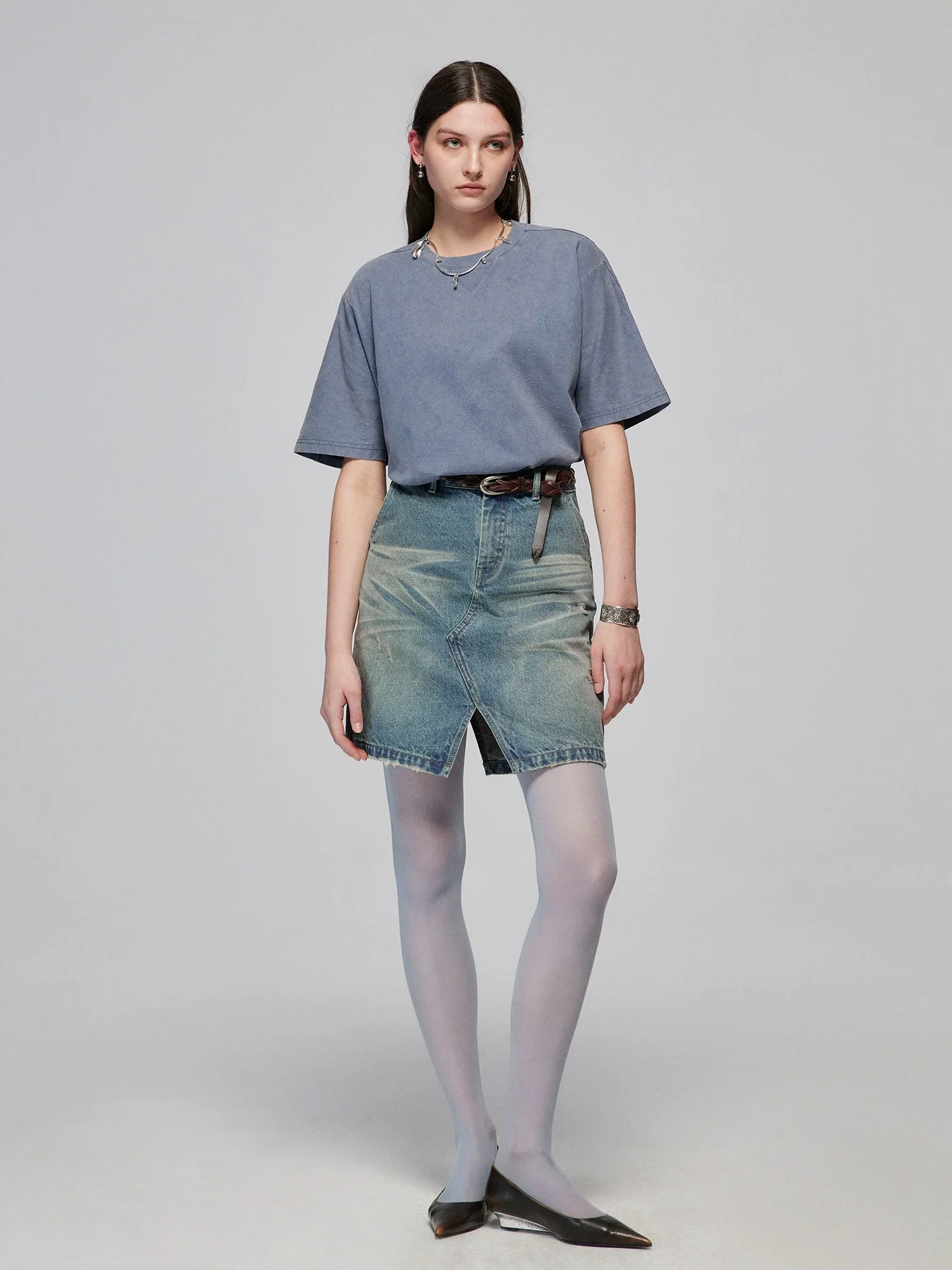 Washed Blue Distressed A-Line Denim Mini Skirt - Image 5