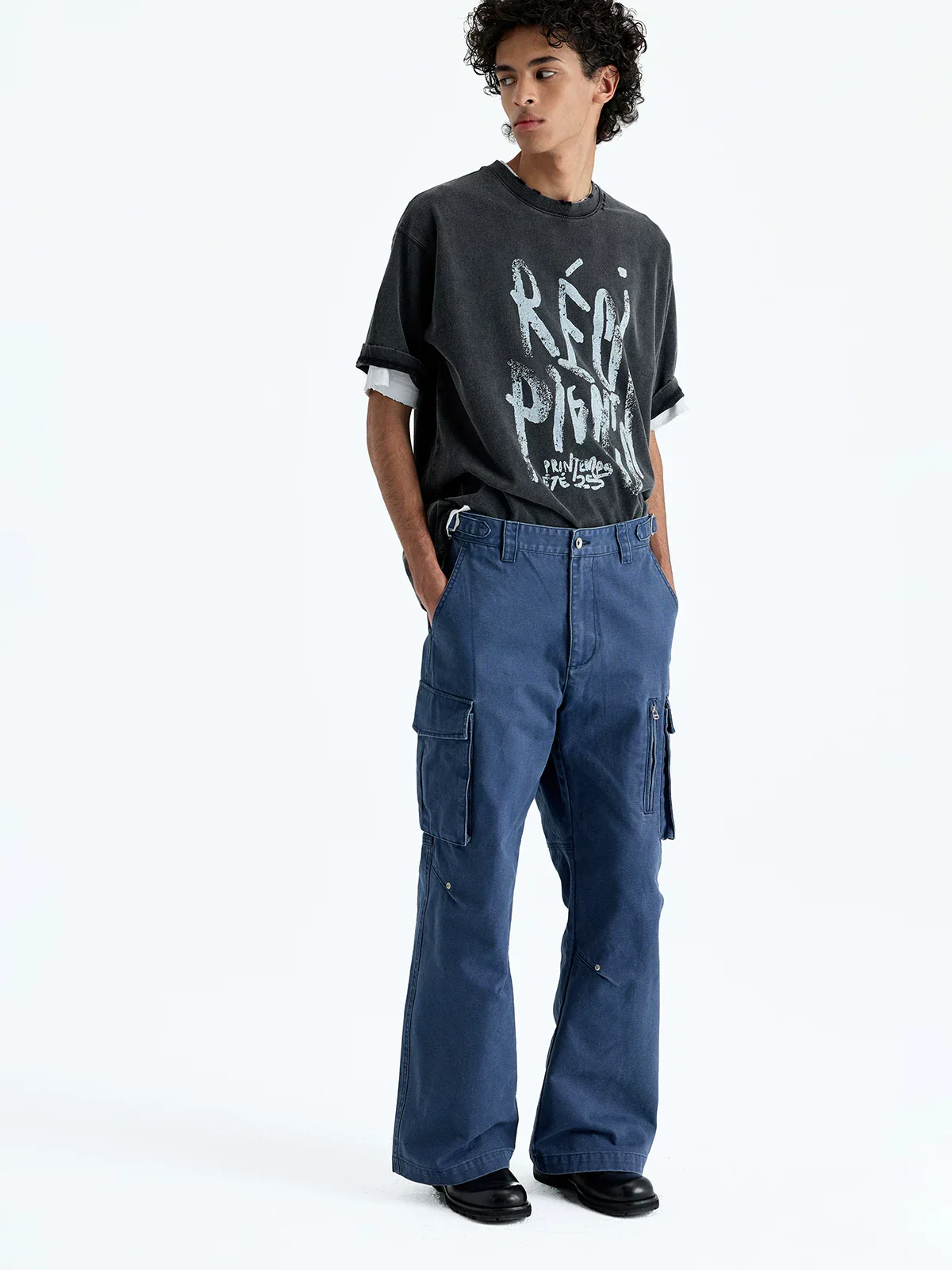 Washed Canvas Wide-Leg Cargo Pants