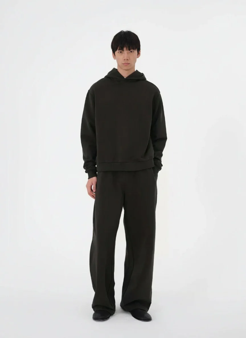 Washed Charcoal Cotton Hoodie & Wide-Leg Sweatpants Set