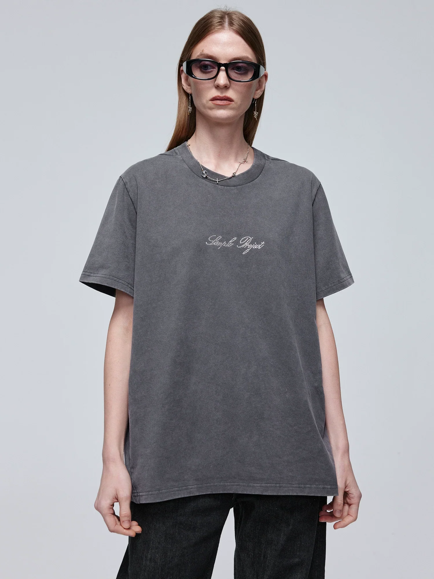 Washed Charcoal Rhinestone Logo Tee