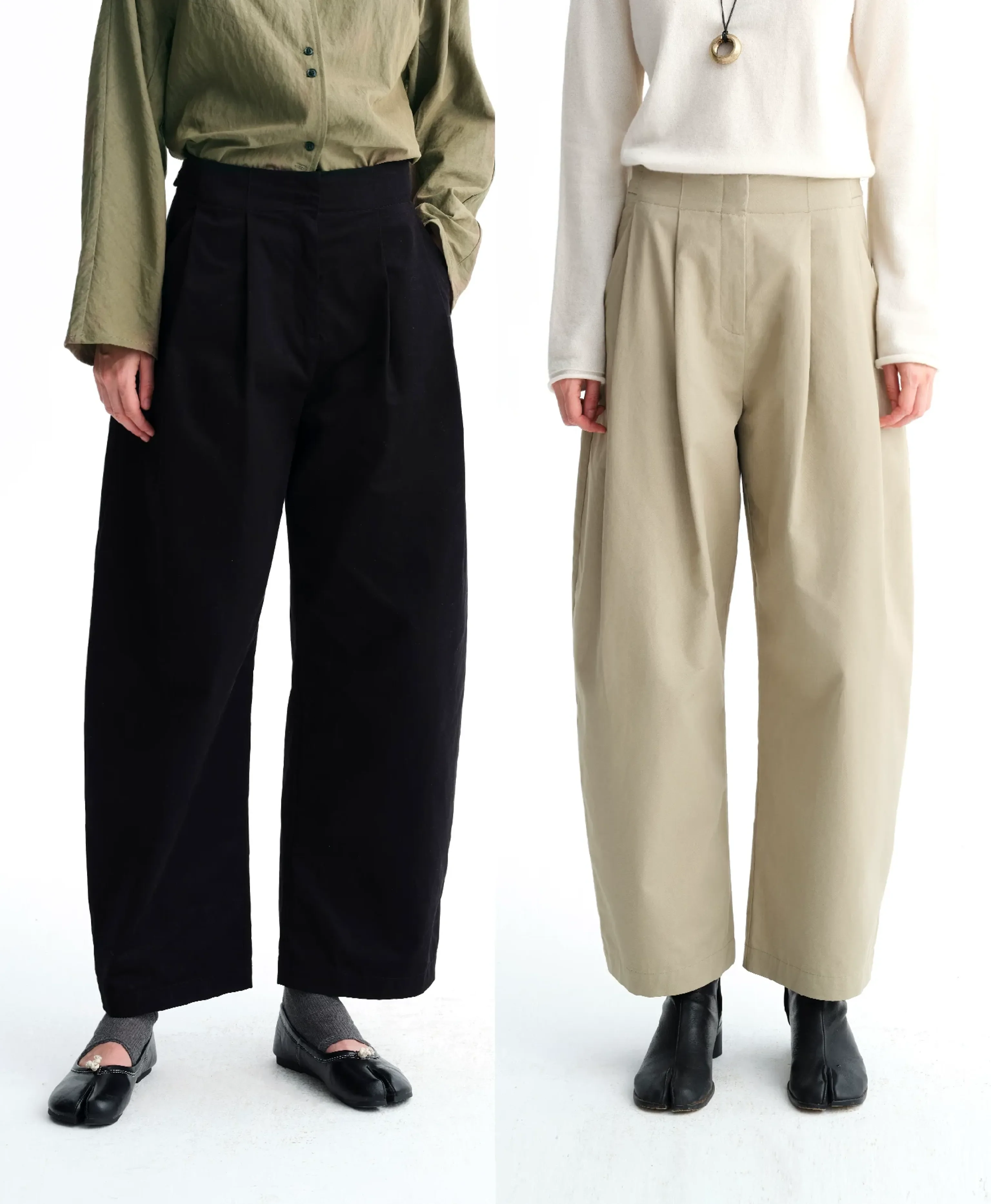 Washed Cotton Barrel-Leg Trousers