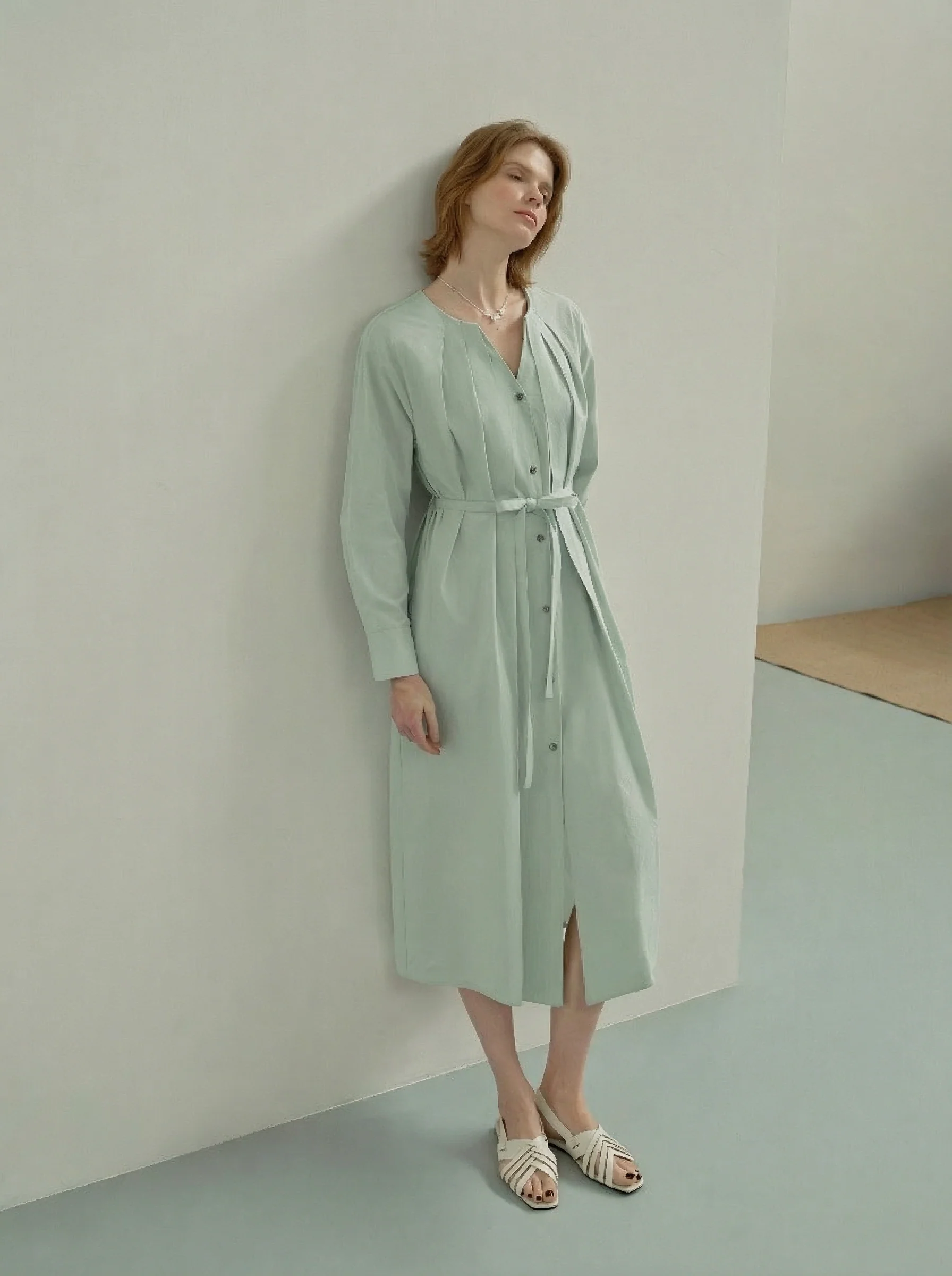 Washed Cotton V-Neck Belted Shirt Dress