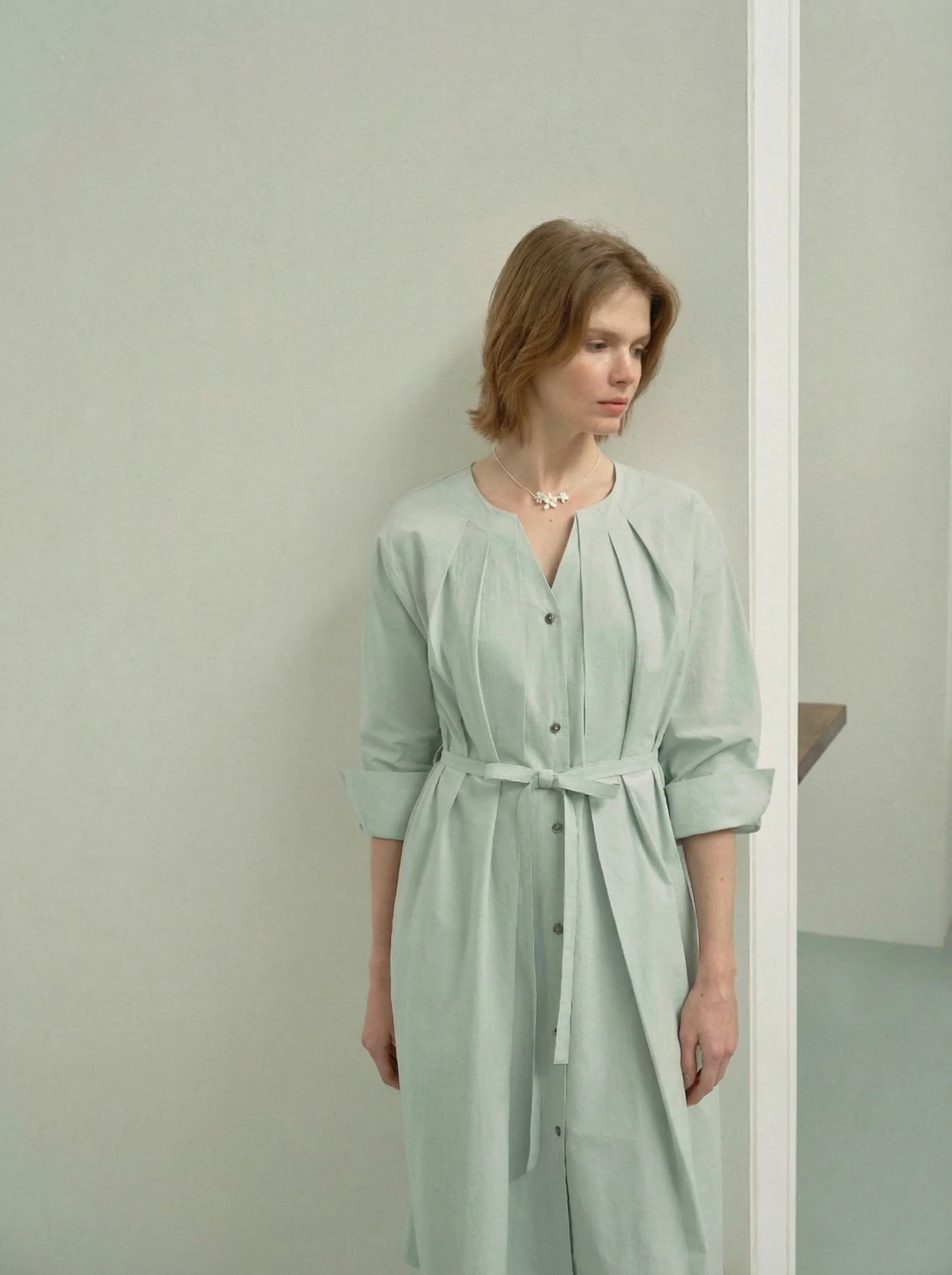 Washed Cotton V-Neck Belted Shirt Dress - Image 3
