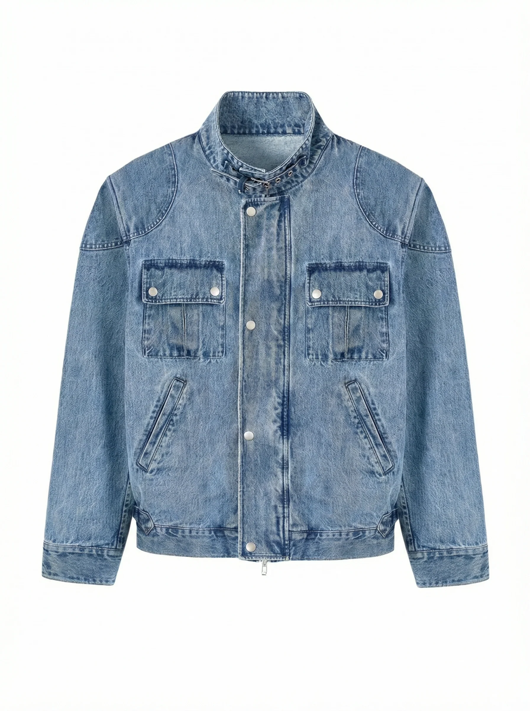Washed Denim Biker Jacket - Image 5