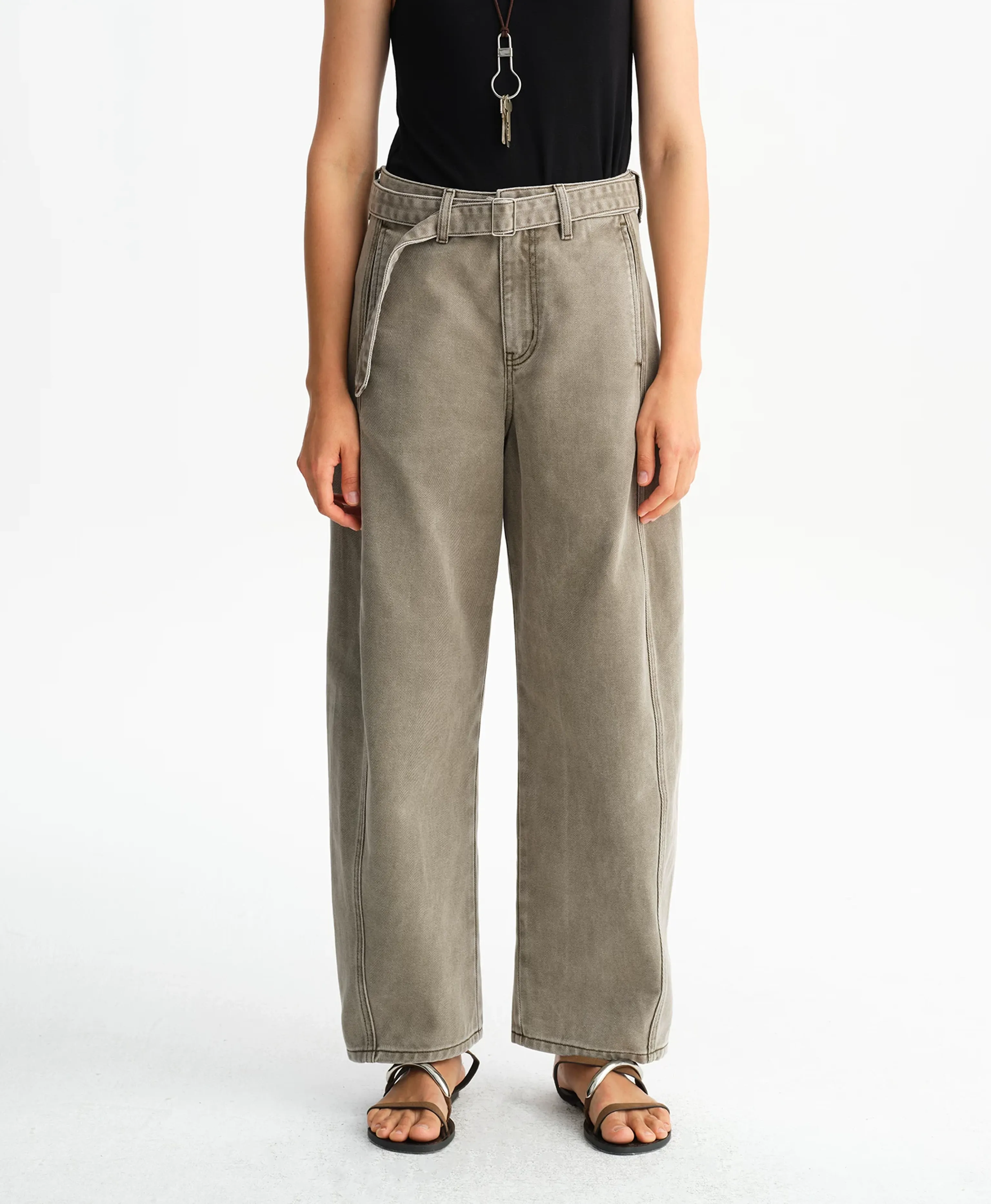Washed Gray-Green Belted Straight Jeans