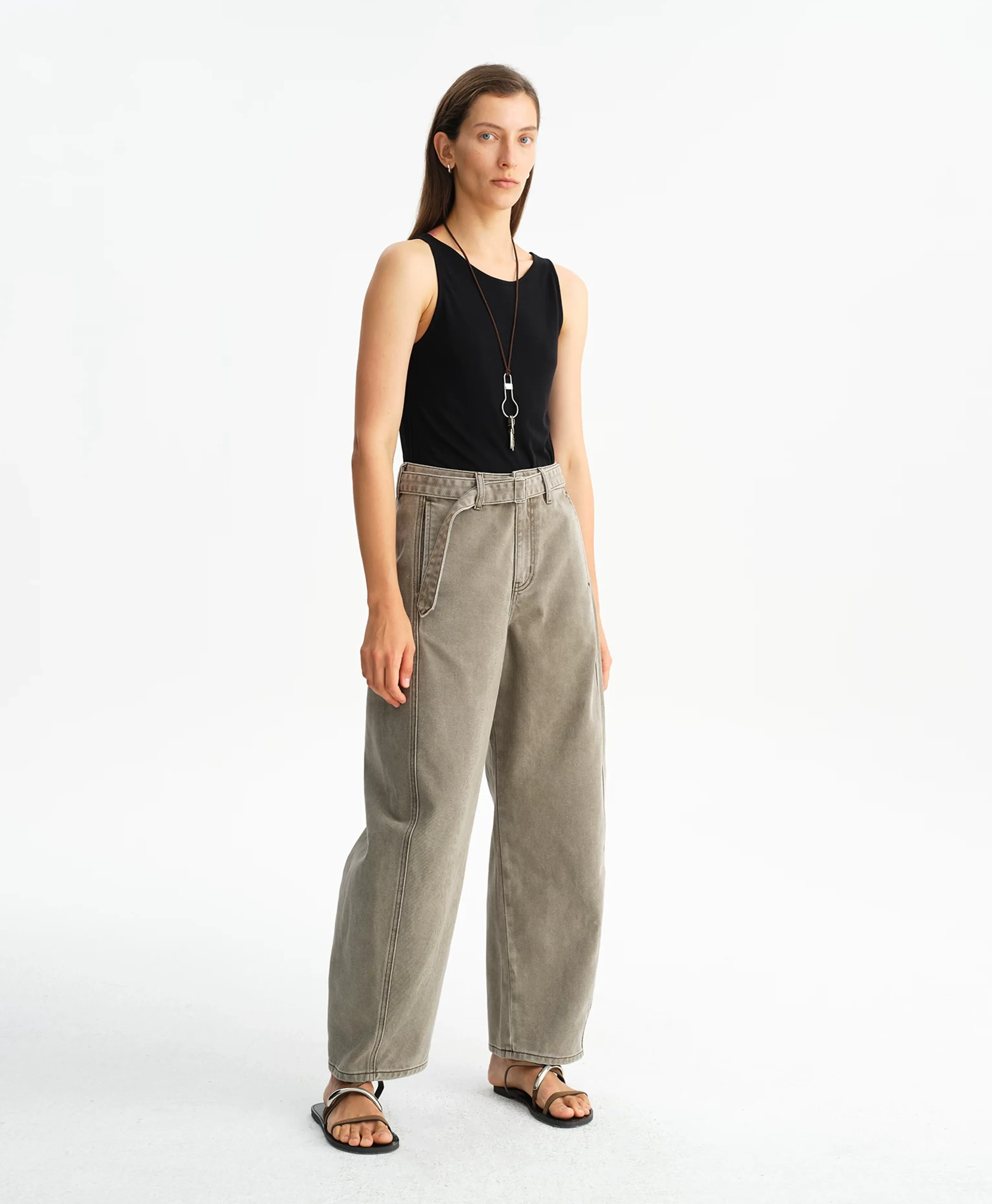 Washed Gray-Green Belted Straight Jeans - Image 2