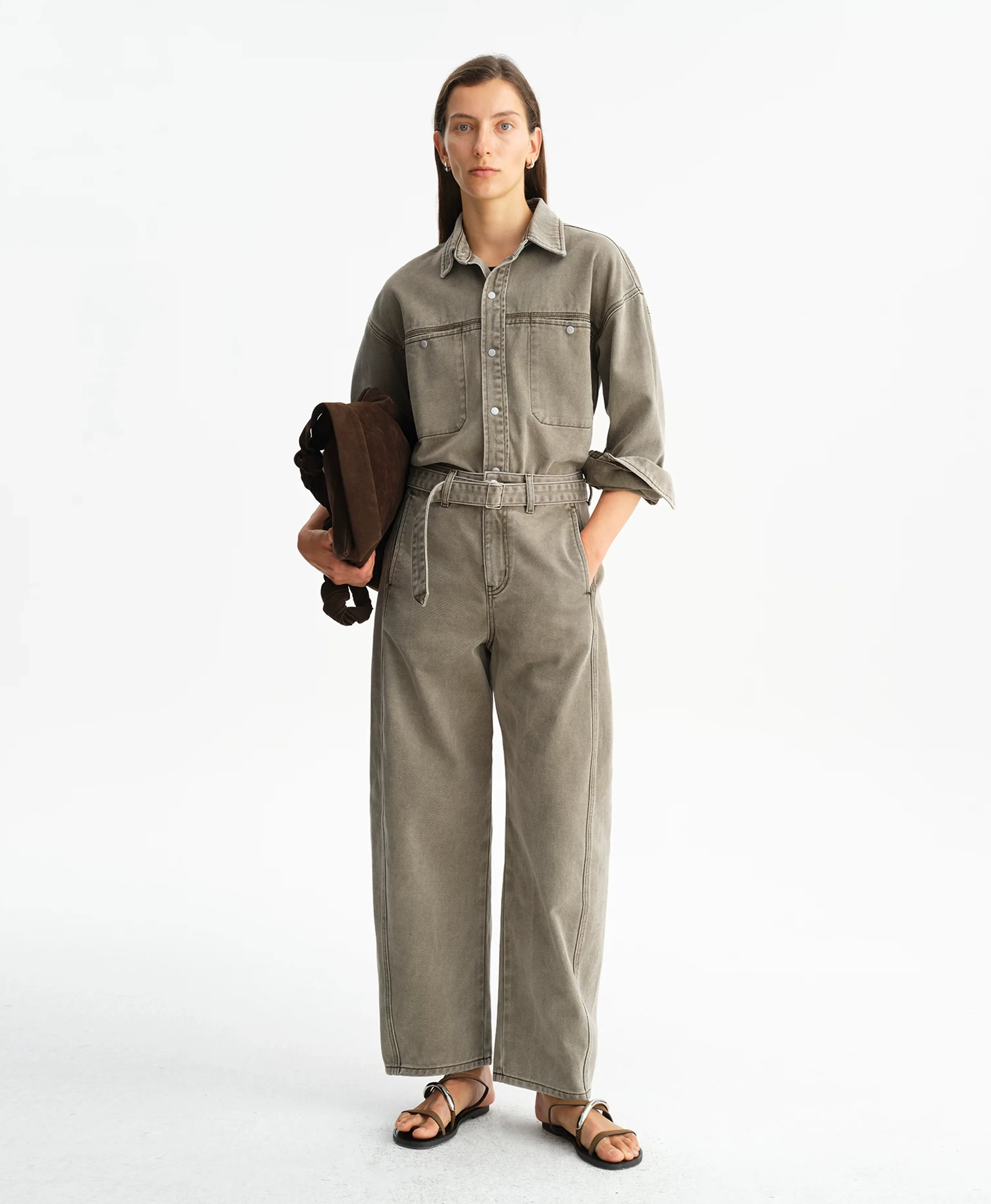 Washed Gray-Green Belted Straight Jeans - Image 3