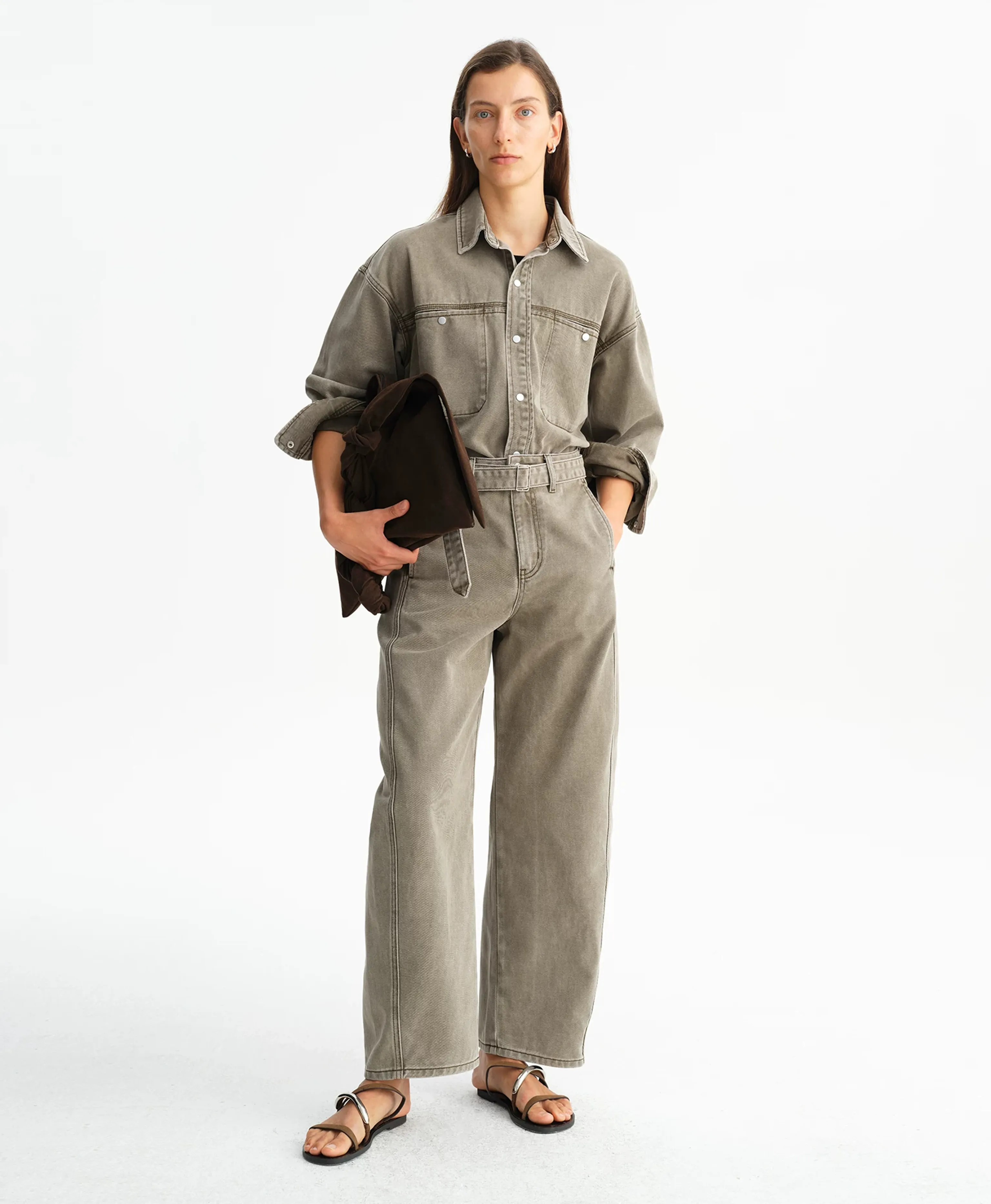 Washed Gray-Green Belted Straight Jeans - Image 4