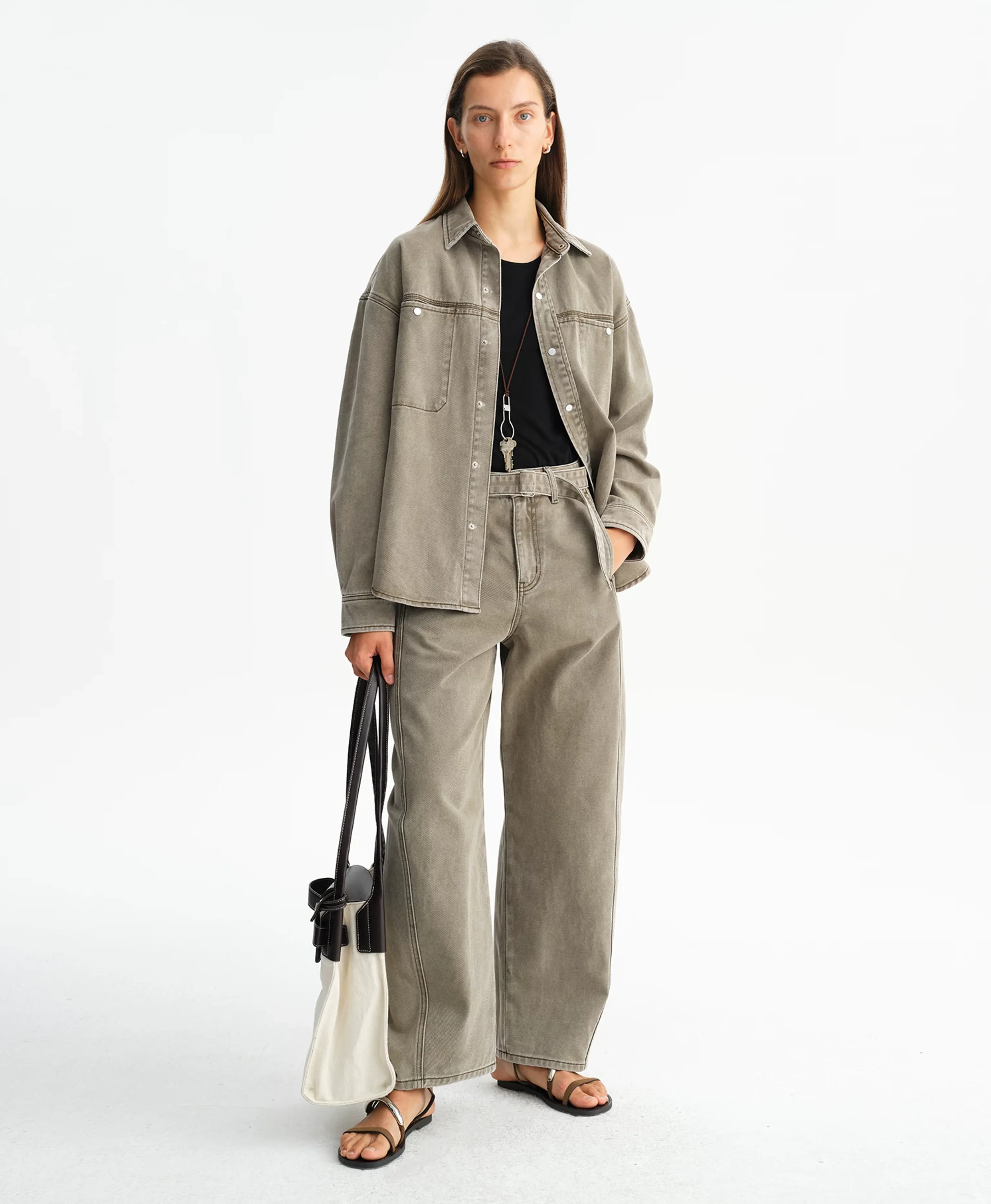 Washed Gray-Green Belted Straight Jeans - Image 5