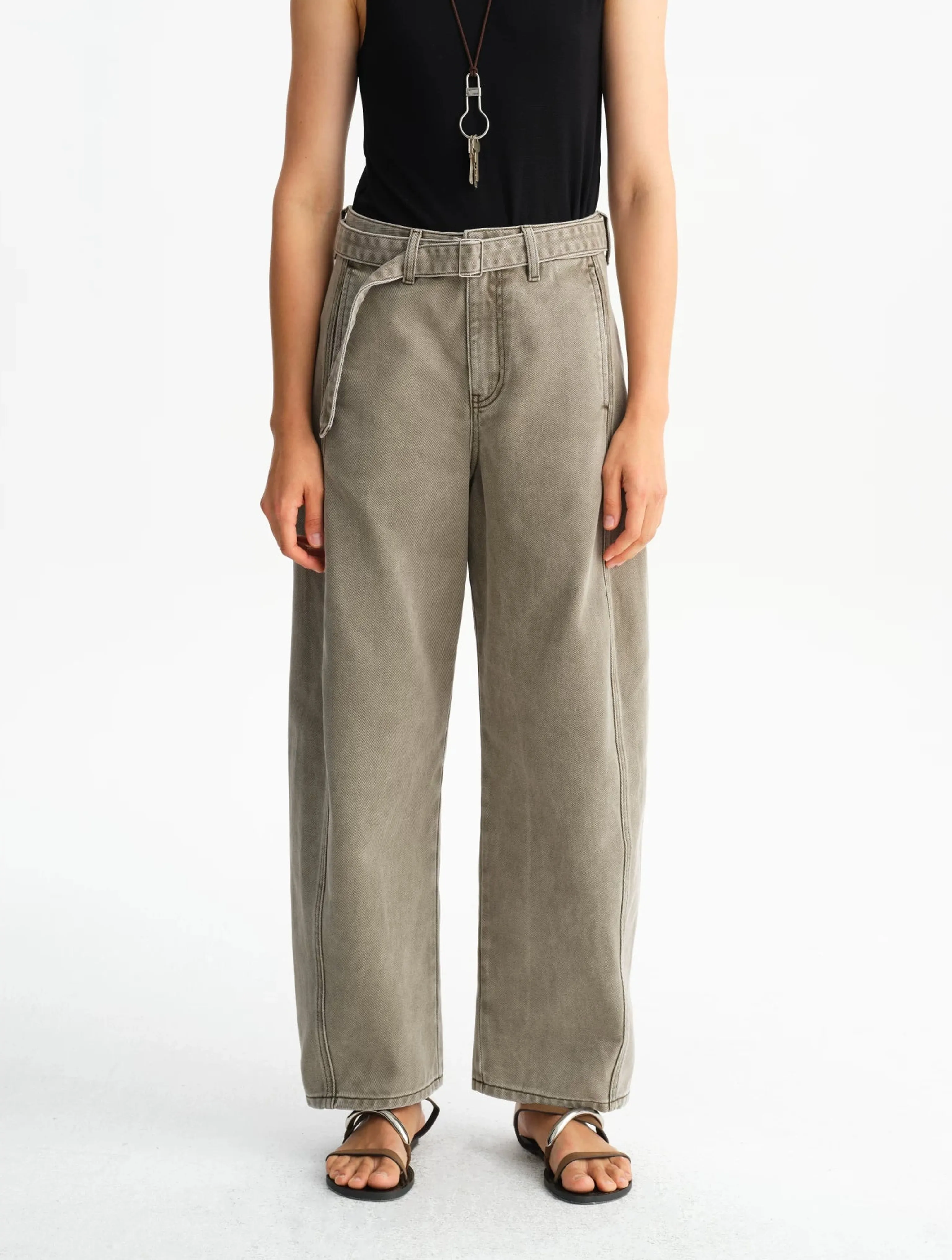 Washed Gray-Green Belted Straight Jeans - Image 6