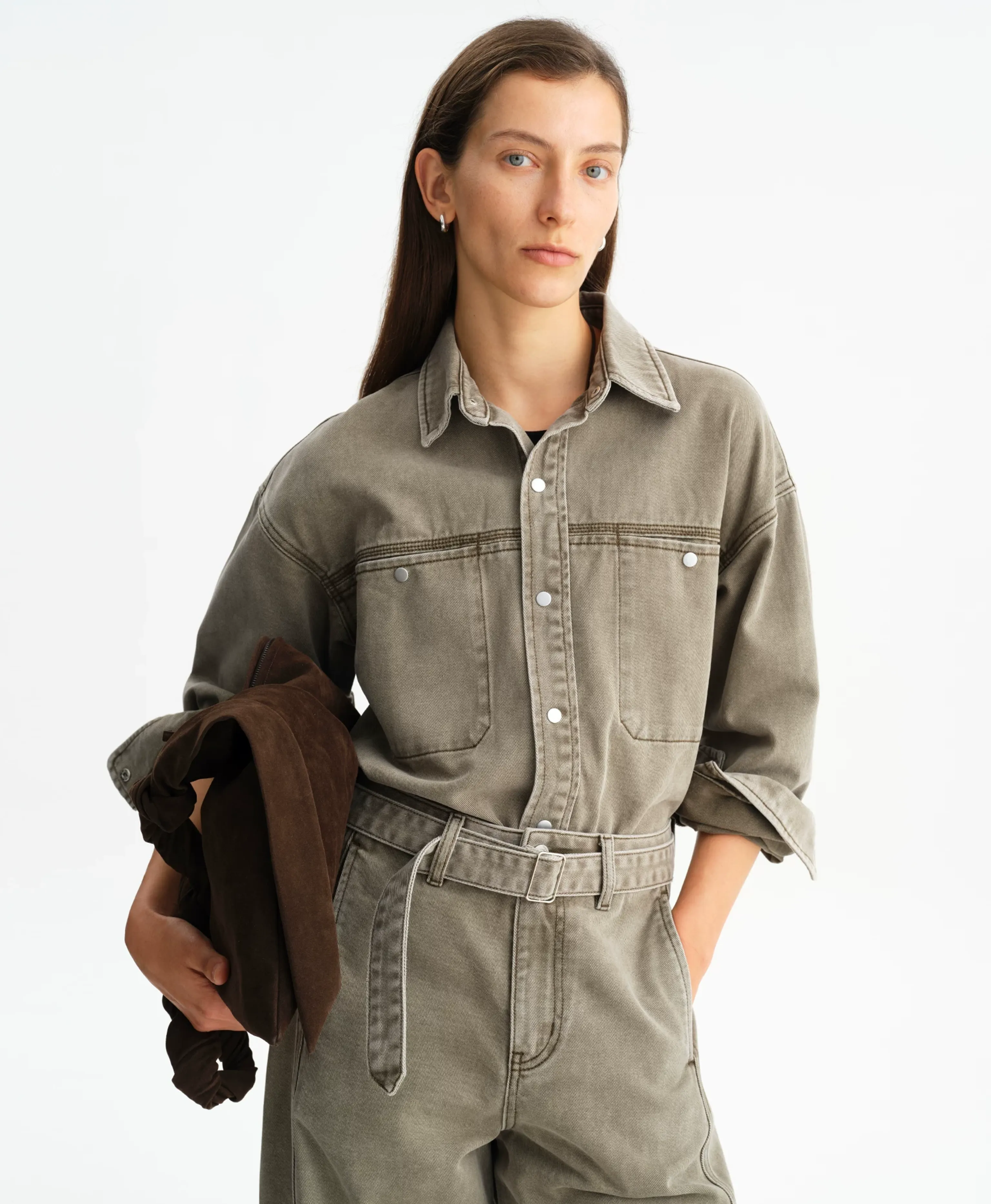 Washed Gray-Green Denim Shirt Jacket