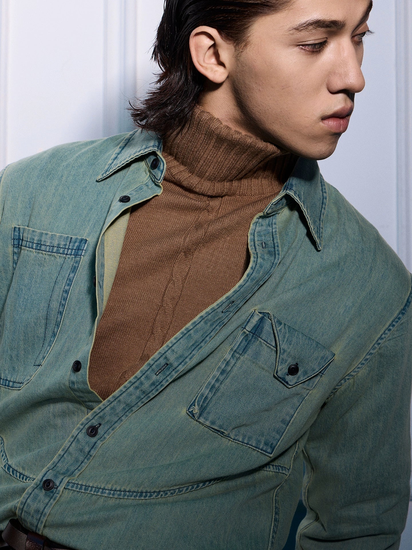 Washed Green Denim Work Shirt - Image 3