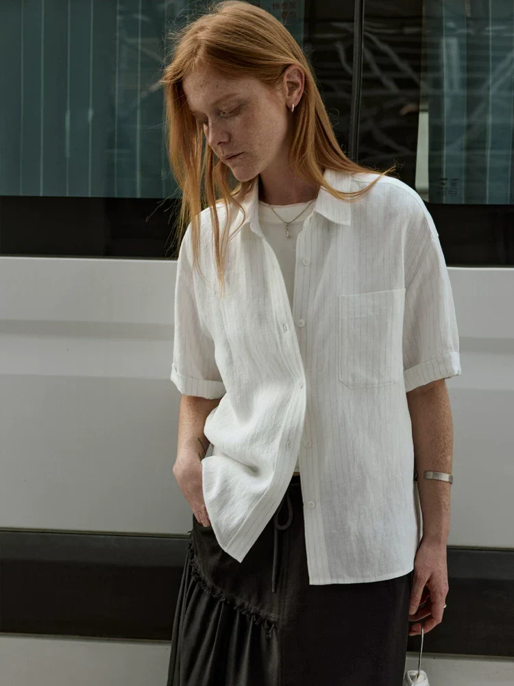 Washed Hemp Pinstripe Short Sleeve Shirt - Image 2