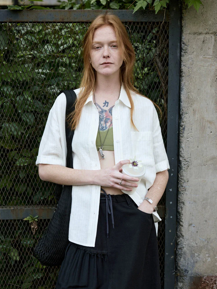 Washed Hemp Pinstripe Short Sleeve Shirt - Image 3