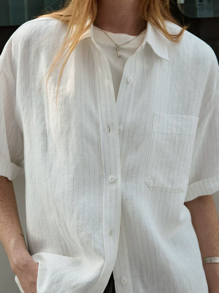 Washed Hemp Pinstripe Short Sleeve Shirt - Image 5