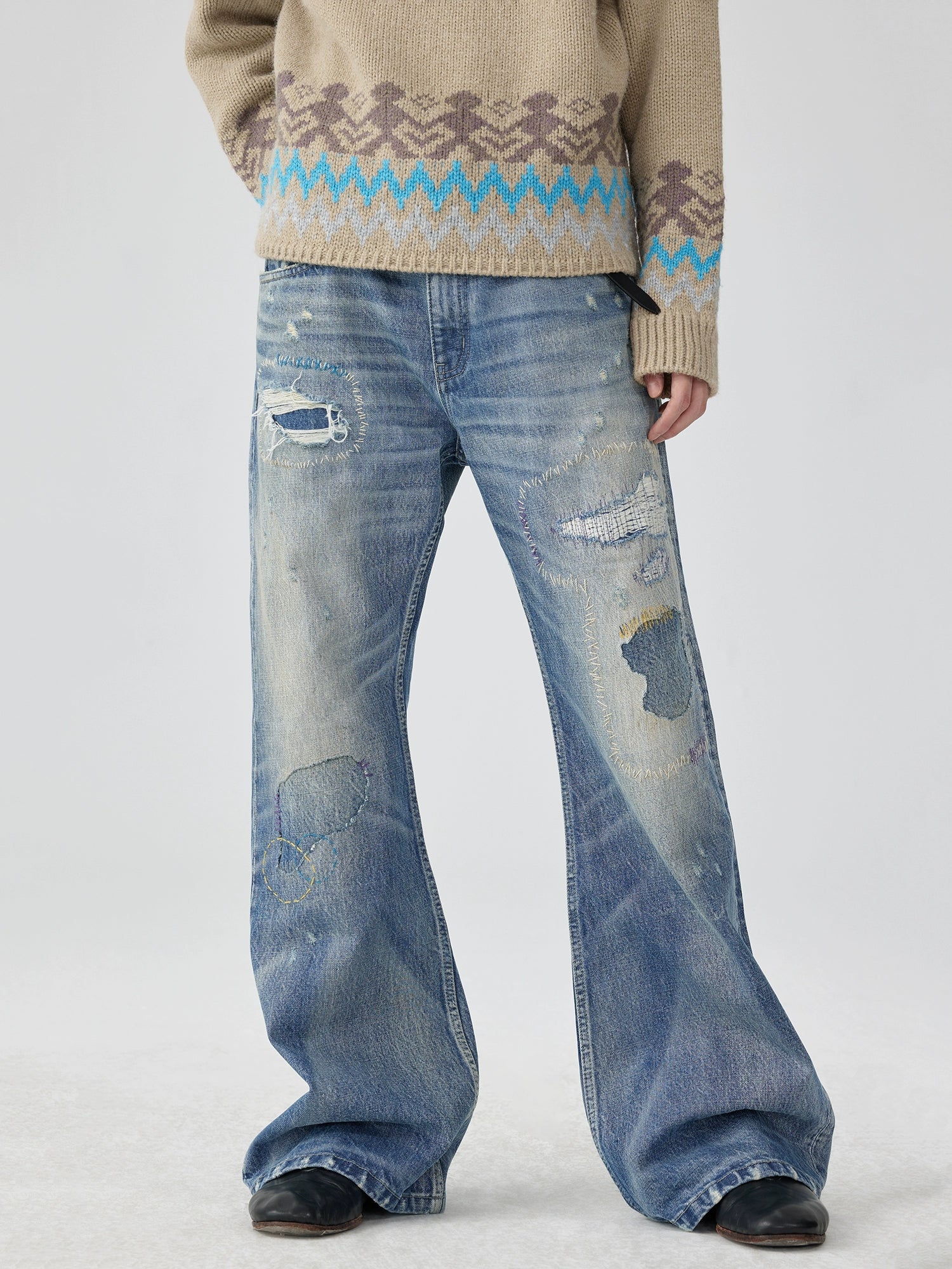 Washed Patchwork Flare Jeans