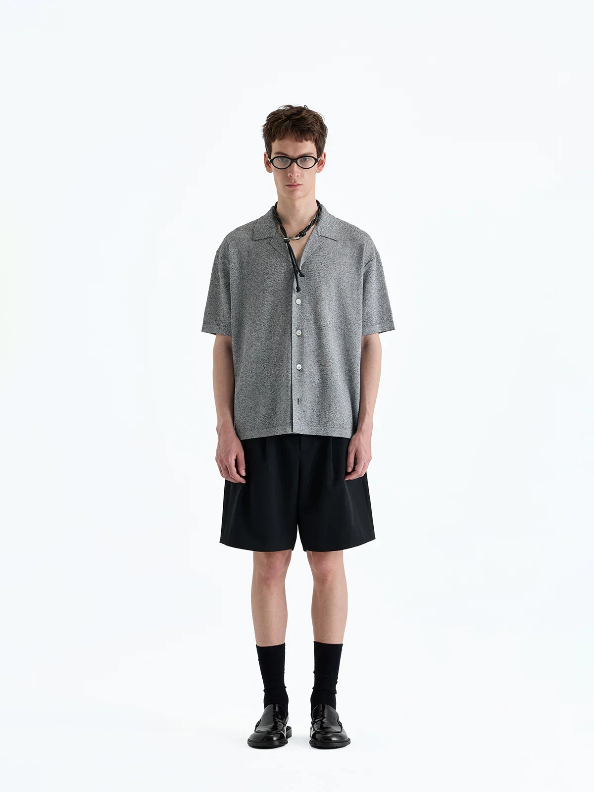 Washi Linen Camp-Collar Knit Cardigan