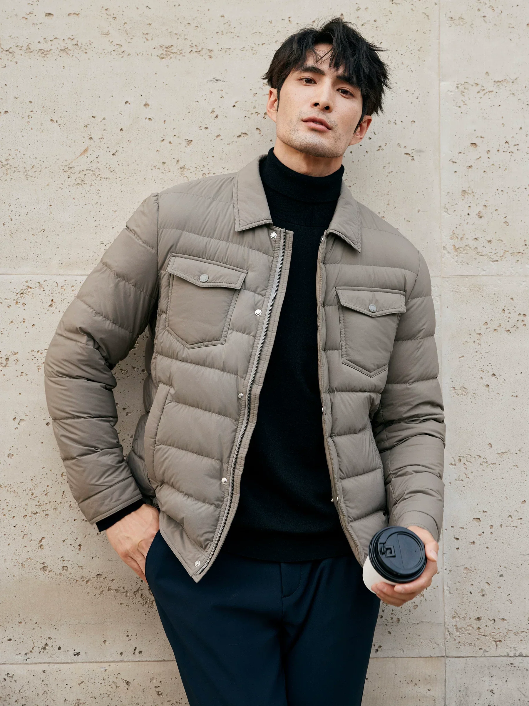 White Goose Down Shirt-Collar Puffer Jacket