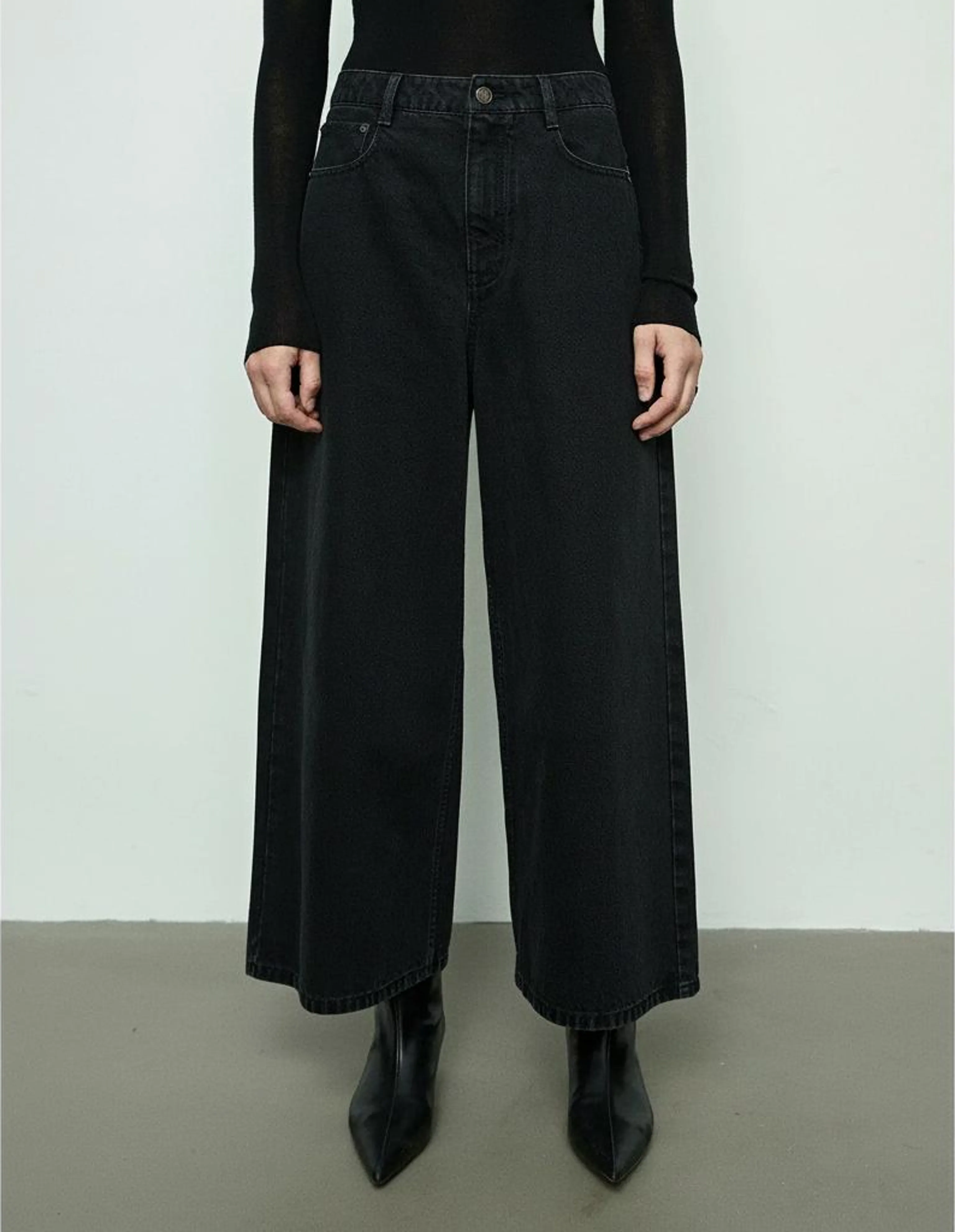 Wide-Leg High-Waisted Black Denim Jeans