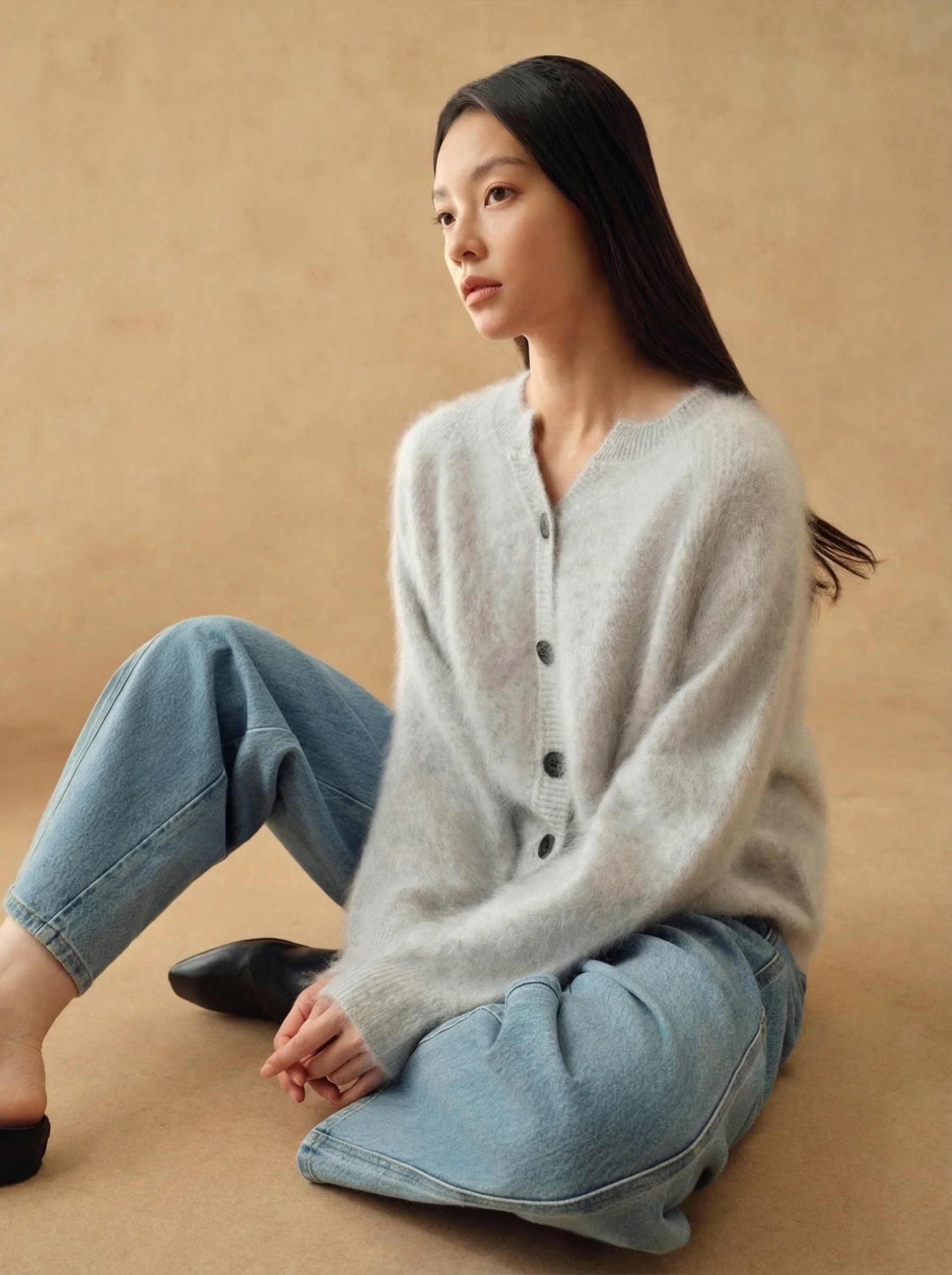 Winter Snow Brushed Cashmere V‑Neck Cardigan