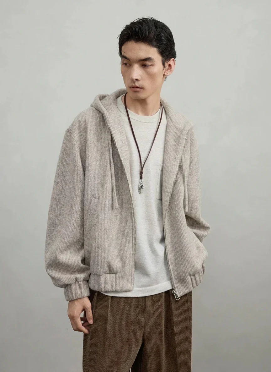 Wool-Blend Double-Zip Hooded Knit Cardigan