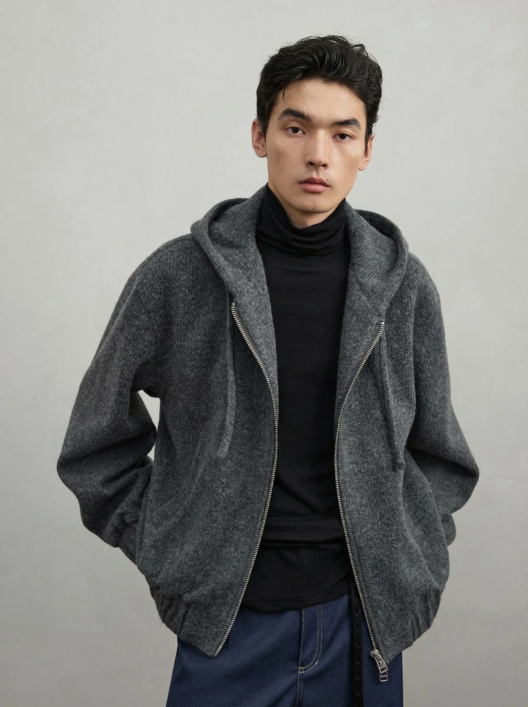 Wool-Blend Double-Zip Hooded Knit Cardigan - Image 2