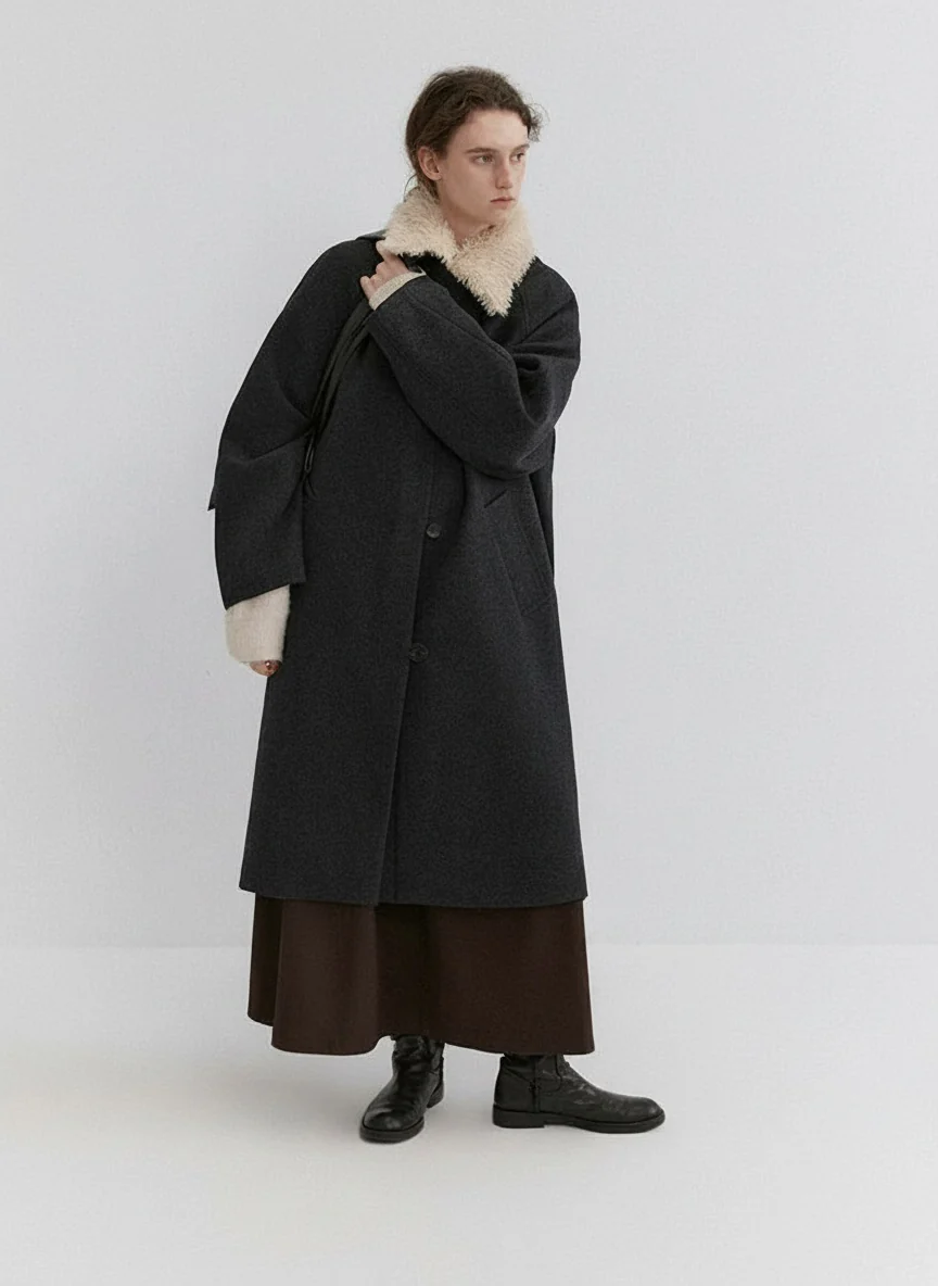 Wool-Blend Overcoat with Detachable Shearling Collar