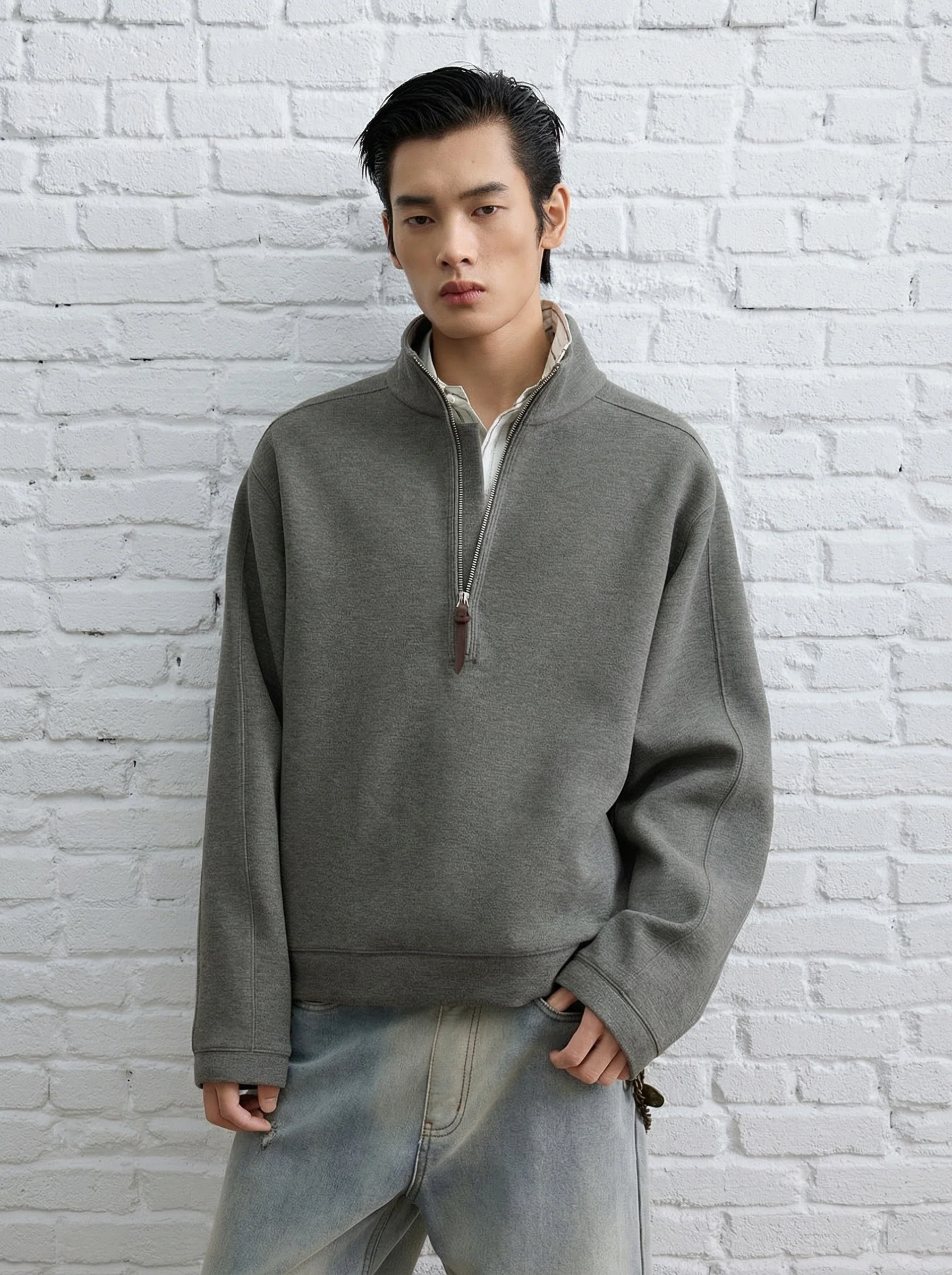 Wool-Blend Stand-Collar Half-Zip Sweatshirt