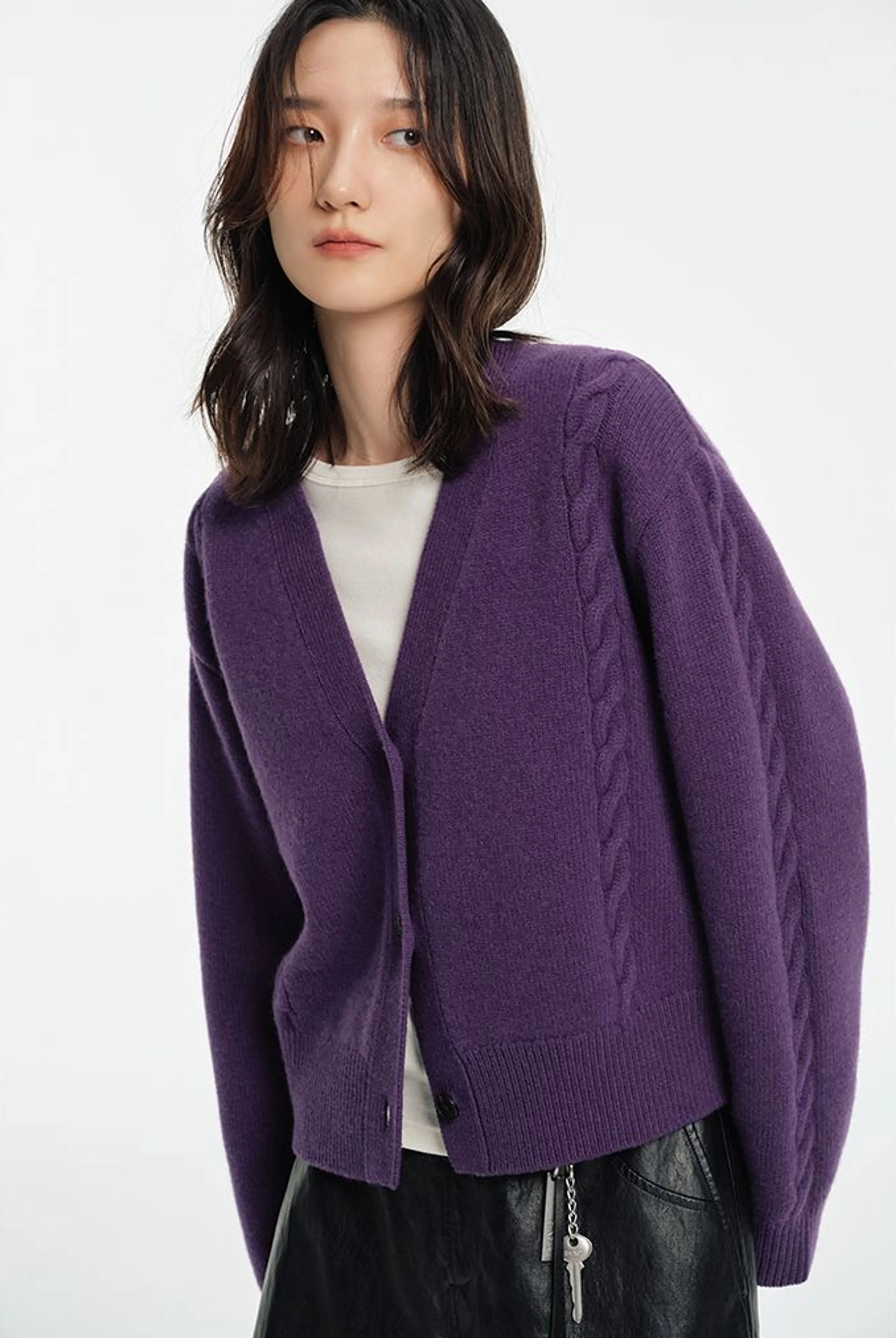 Wool Cable Knit V-Neck Cardigan - Image 3