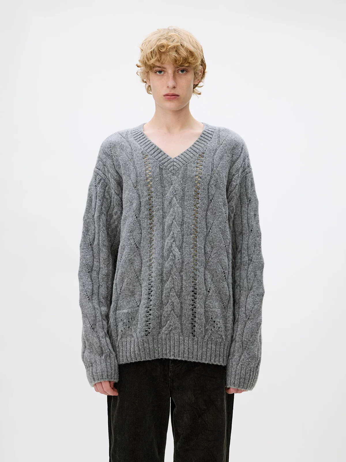 Wool Cable V-Neck Sweater - Image 4
