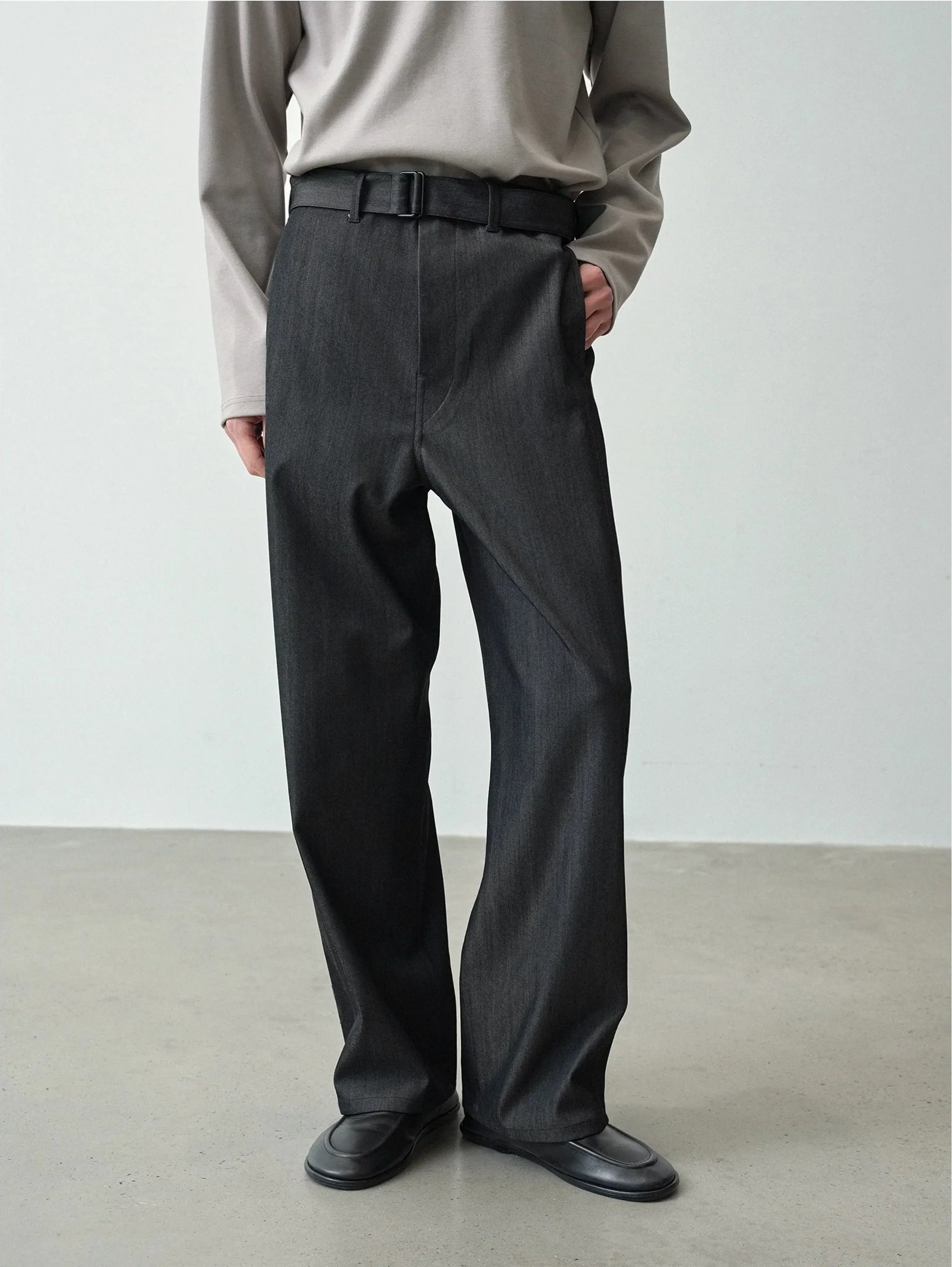 Wool Denim Belted Wide-Leg Trousers