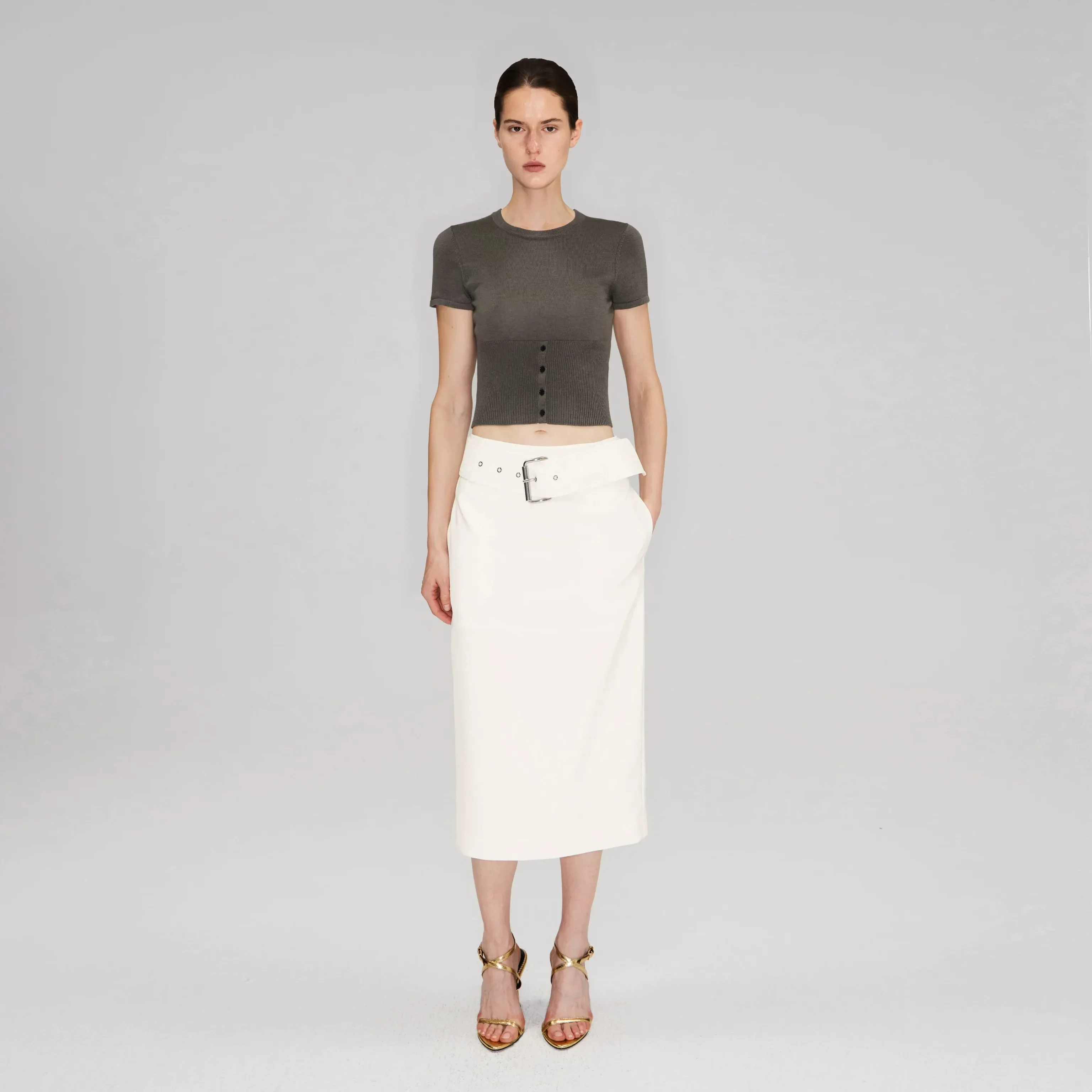 Wool Rib Knit Half-Placket Crop Top - Image 9