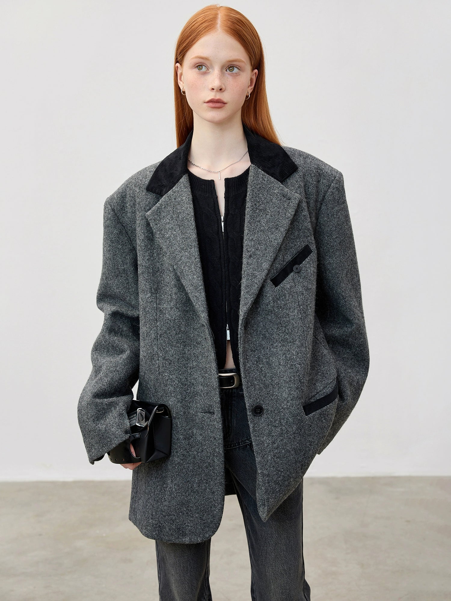 Wool Tweed Contrast-Collar Blazer