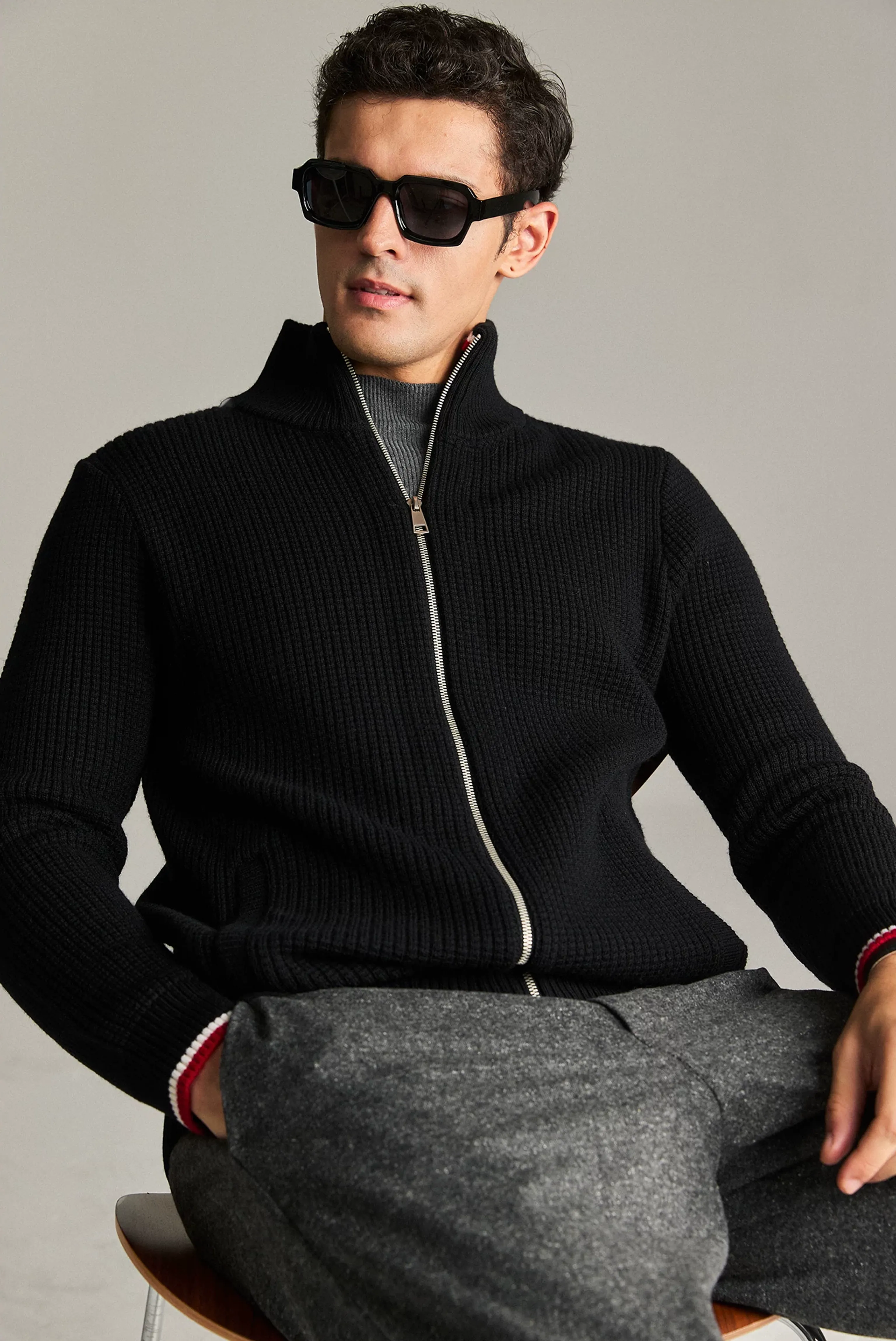 Wool Waffle Knit Zip Cardigan