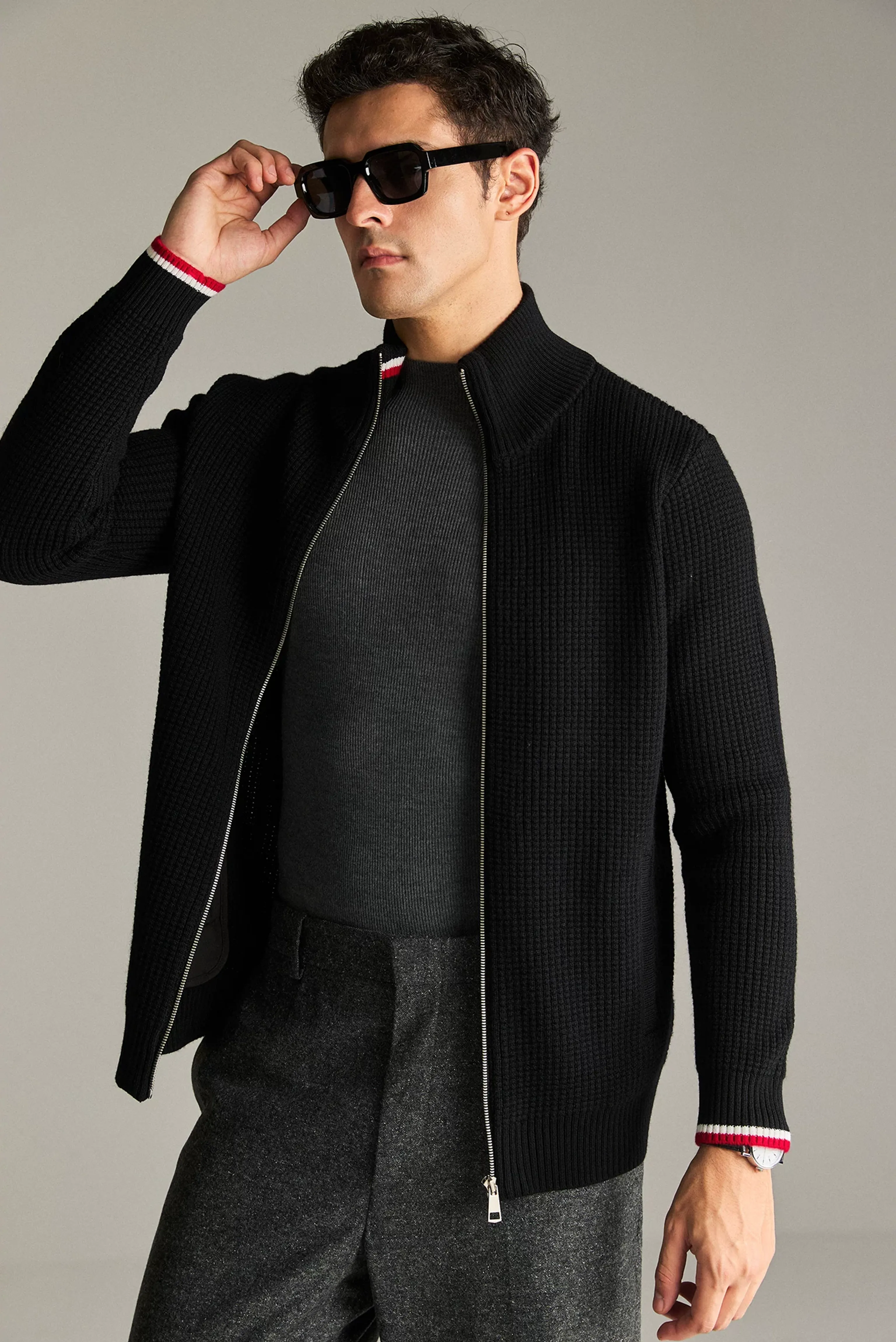 Wool Waffle Knit Zip Cardigan - Image 3