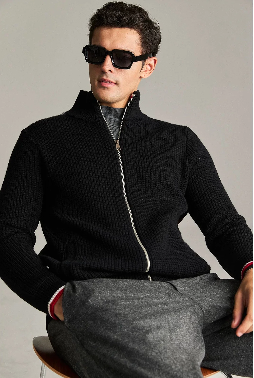 Wool Waffle Knit Zip Cardigan - Image 6