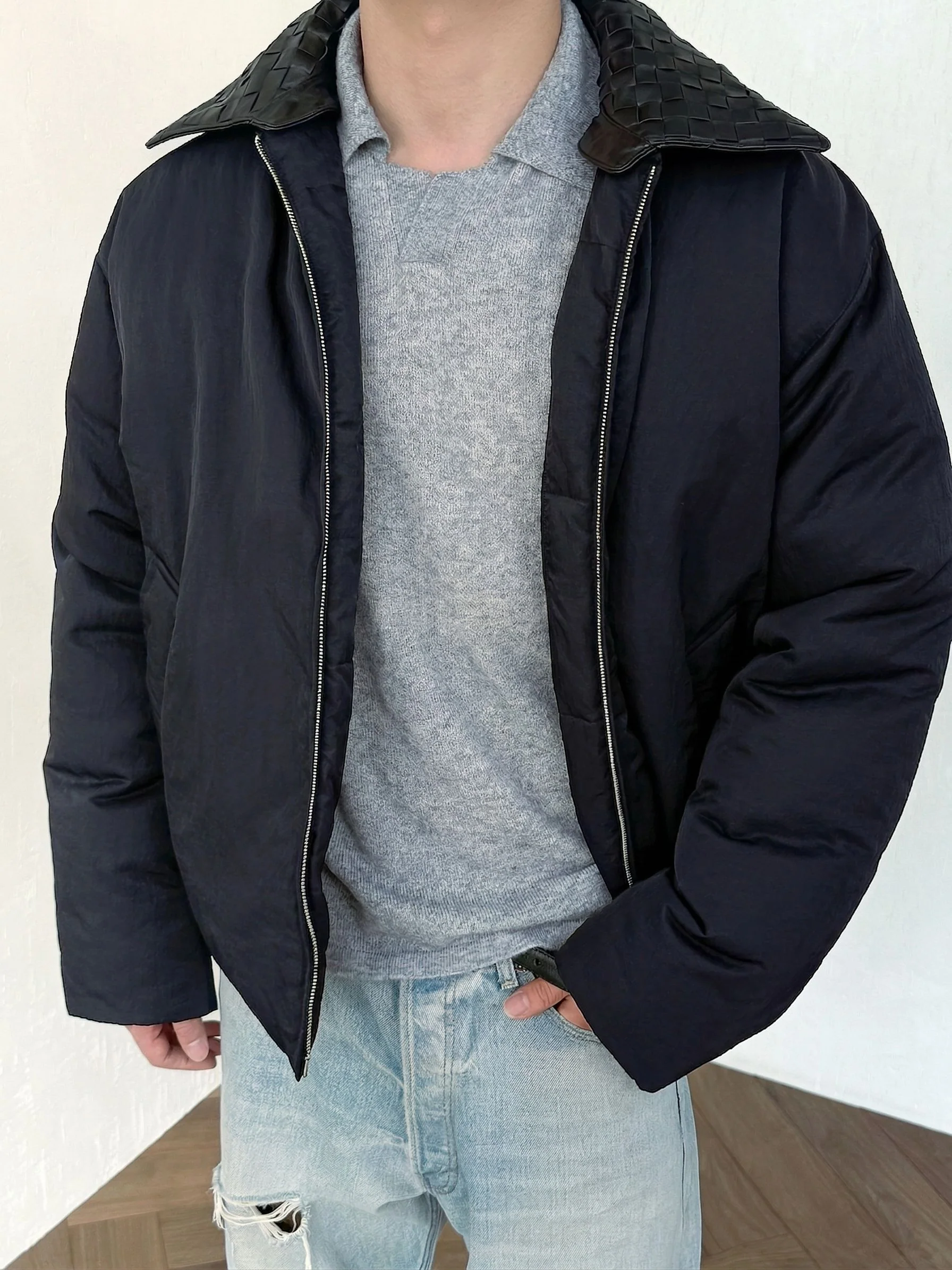 Woven-Collar Puffer Jacket