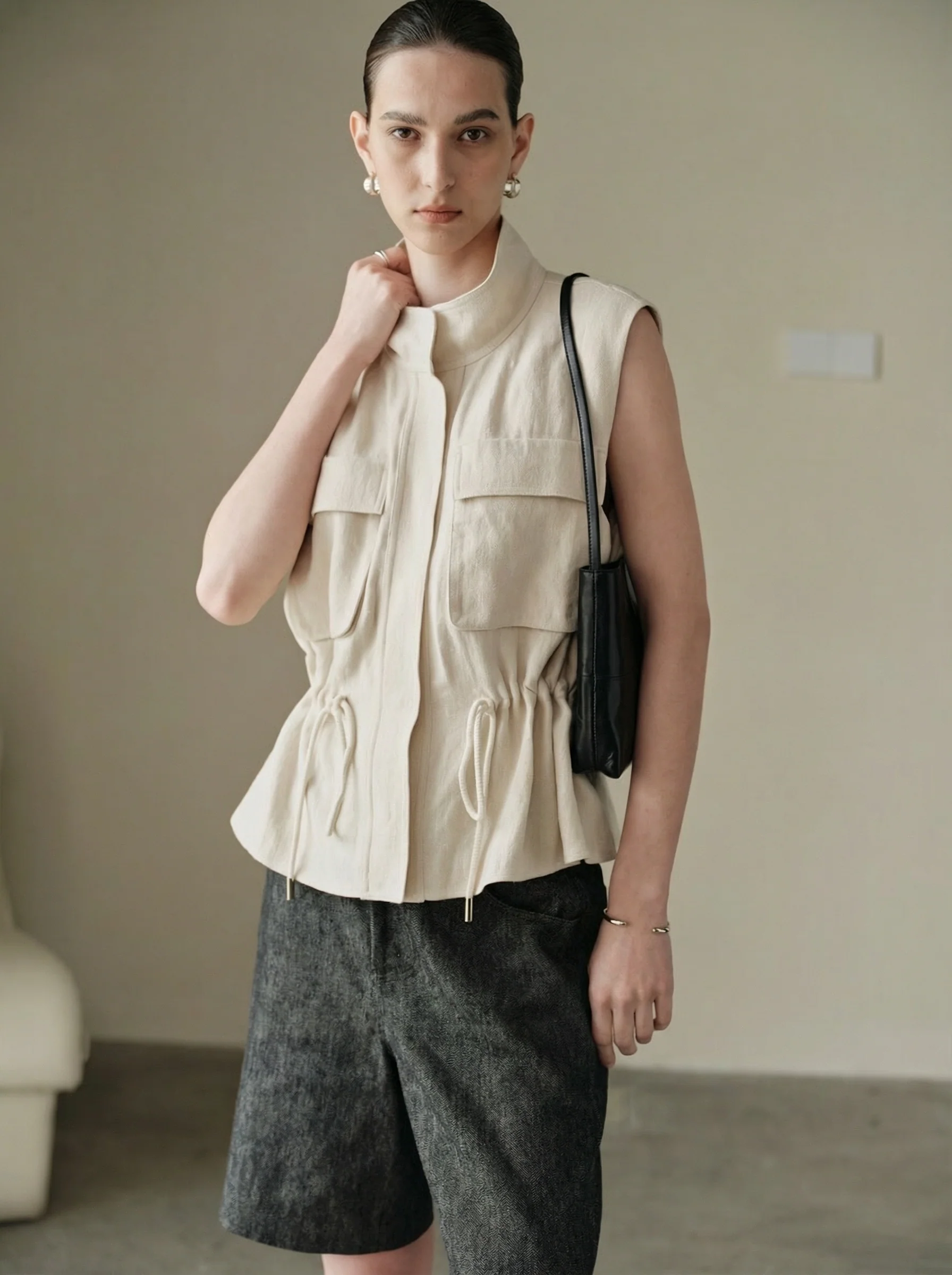 Yarn-Dyed Linen-Cotton High-Waist Bermuda Shorts