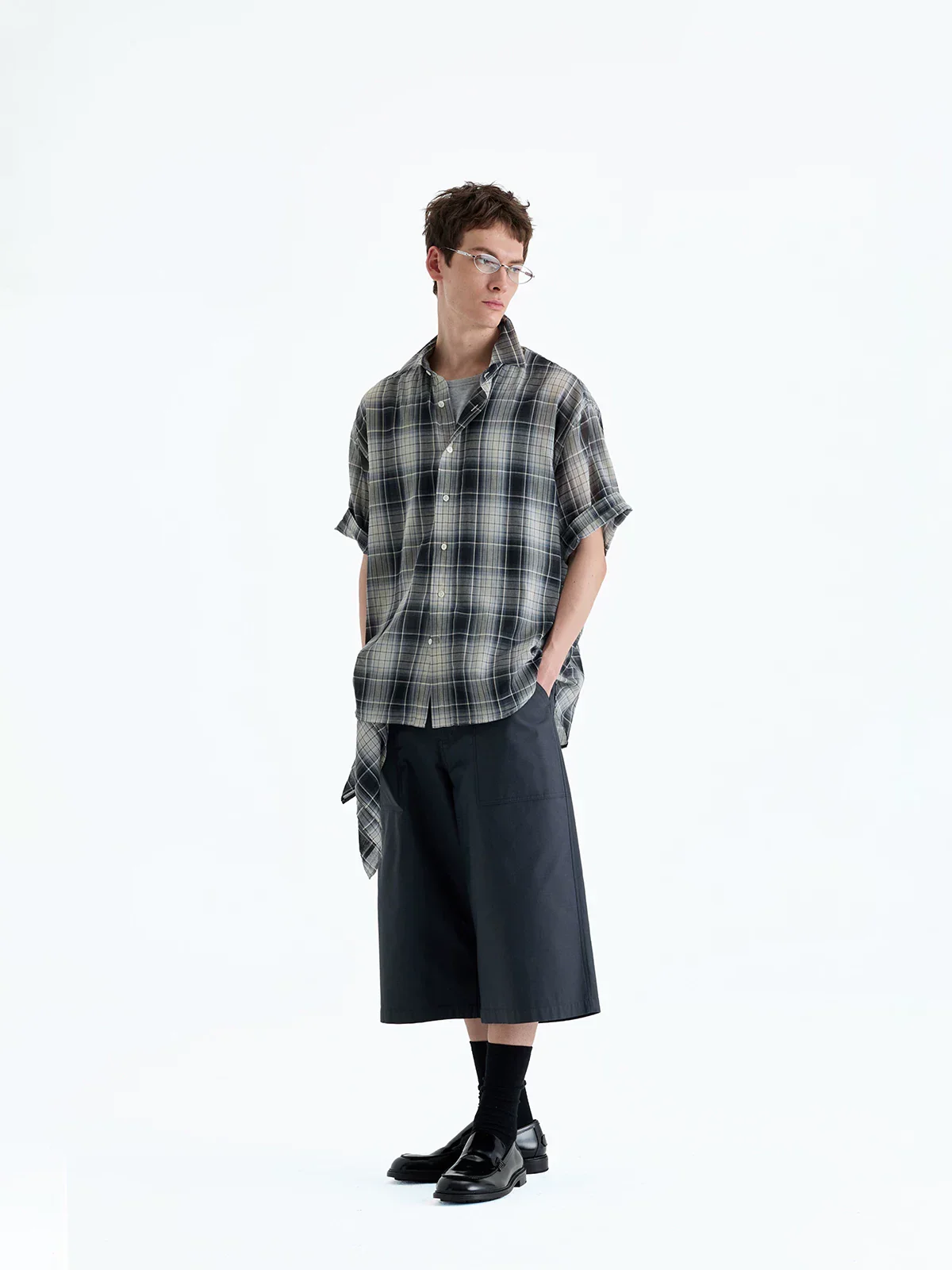 Yarn-Dyed Plaid Cotton Short Sleeve Shirt